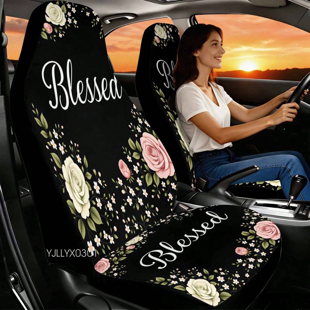 1/2 Pcs Universal Blessed Rose Floral Inspirational Car Seat Cover, Breathable & Comfortable, Easy To Install & Clean, All-Round Seat Protection, Elegant Cottagecore Flower Design, Automotive Seat Pro