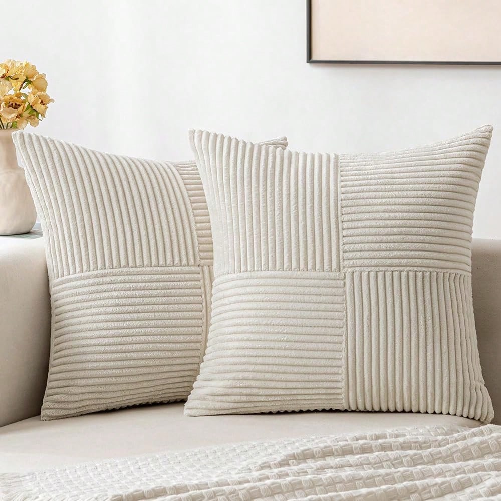 1/2pcs Cushion Cover, Christmas Beige Geometric Corduroy Striped Pattern, Bohemian Sofa Pillow, Decorative Throw Pillow Case, Sofa Cushion, Office, Living Room