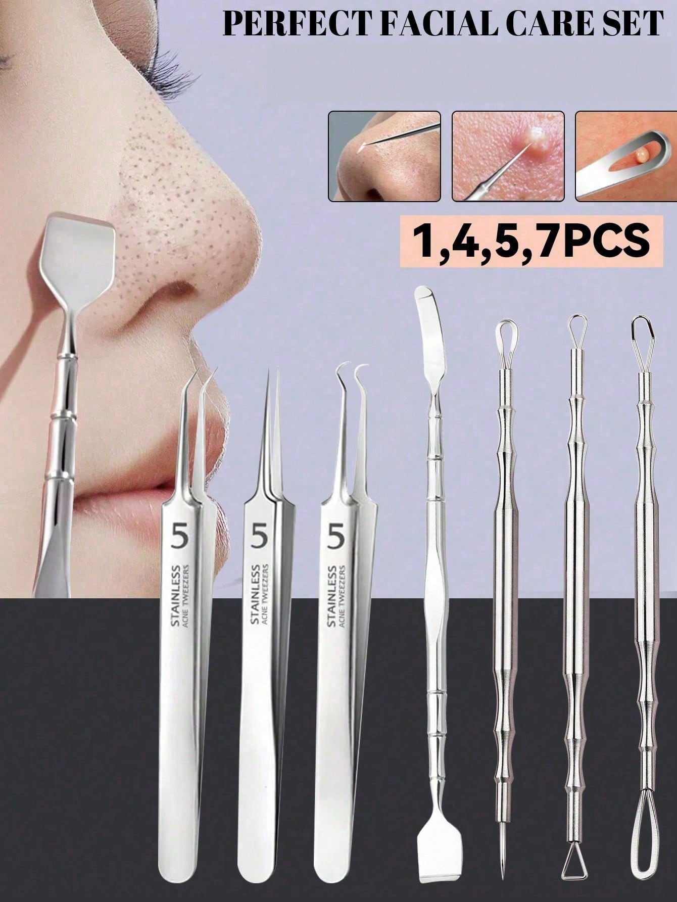 1/4/5/7pcs Acne & Blackhead Removal Needle Set, Stainless Steel Pimple & Blemish Extractor, Deep Cleansing Facial Skincare Tool Kit