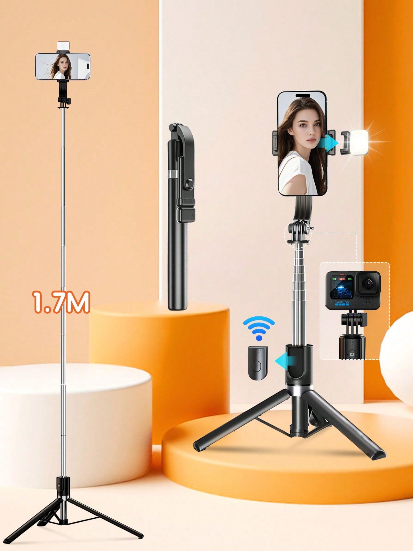 1.7m/70cm Wireless Bluetooth Selfie Stick Tripod With LED Fill Light And Wireless Remote Control; Includes 360° Rotatable Phone Holder, Compatible With Android Smartphones- Perfect For Travel, Selfie