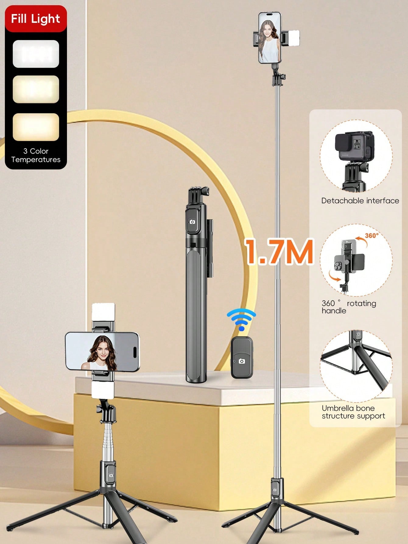 1.7m/70cm Wireless Bluetooth Selfie Stick Tripod With LED Fill Light And Wireless Remote Control, 360° Rotatable Phone Holder, Compatible With IPhone, Android Smartphones Suitable For Travel, Selfie A