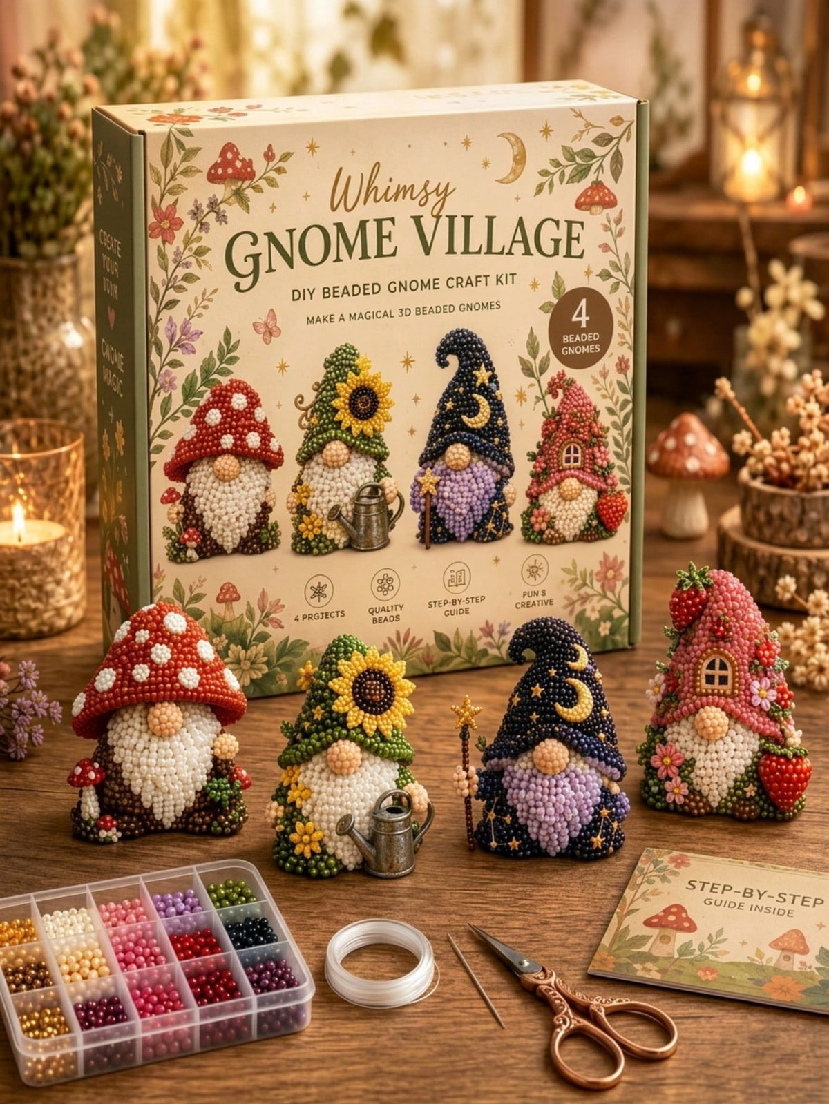 1 Set 3D Beaded Forest Gnome DIY Handmade Material Kit, Mushroom Sunflower Moon House Theme Beaded Art Craft Material Set, Suitable For Home Decor, Room Decoration, Desktop Ornament, Handmade Project