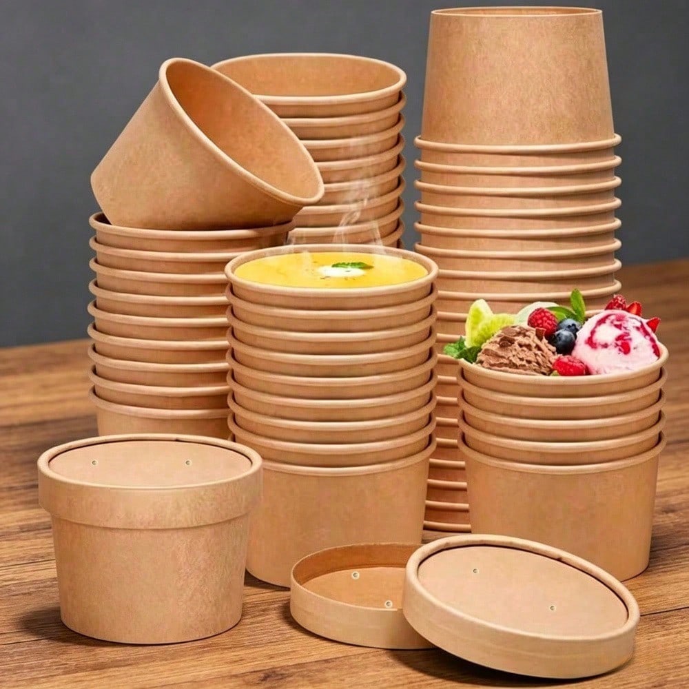 100/60/40/20pcs 8oz Paper Soup Bowls With Lids, Disposable Paper Food Containers, Kraft Paper Dessert Bowls, Ice Cream Cups, Microwave & Refrigerator For Hot Soup And Ice Cream