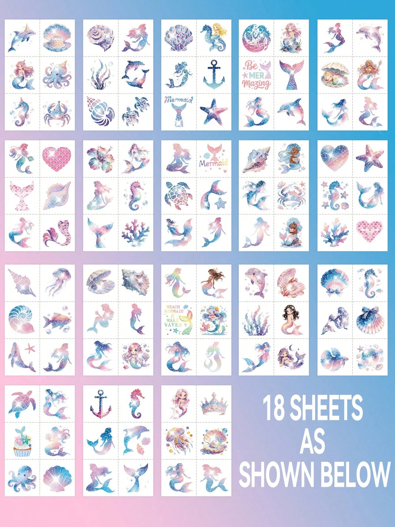 108PCS Glitter Mermaid Pre-Cut Temporary Tattoos- Cute Under The Sea Party Favors, Perfect For Ocean Mermaid-Themed Birthdays