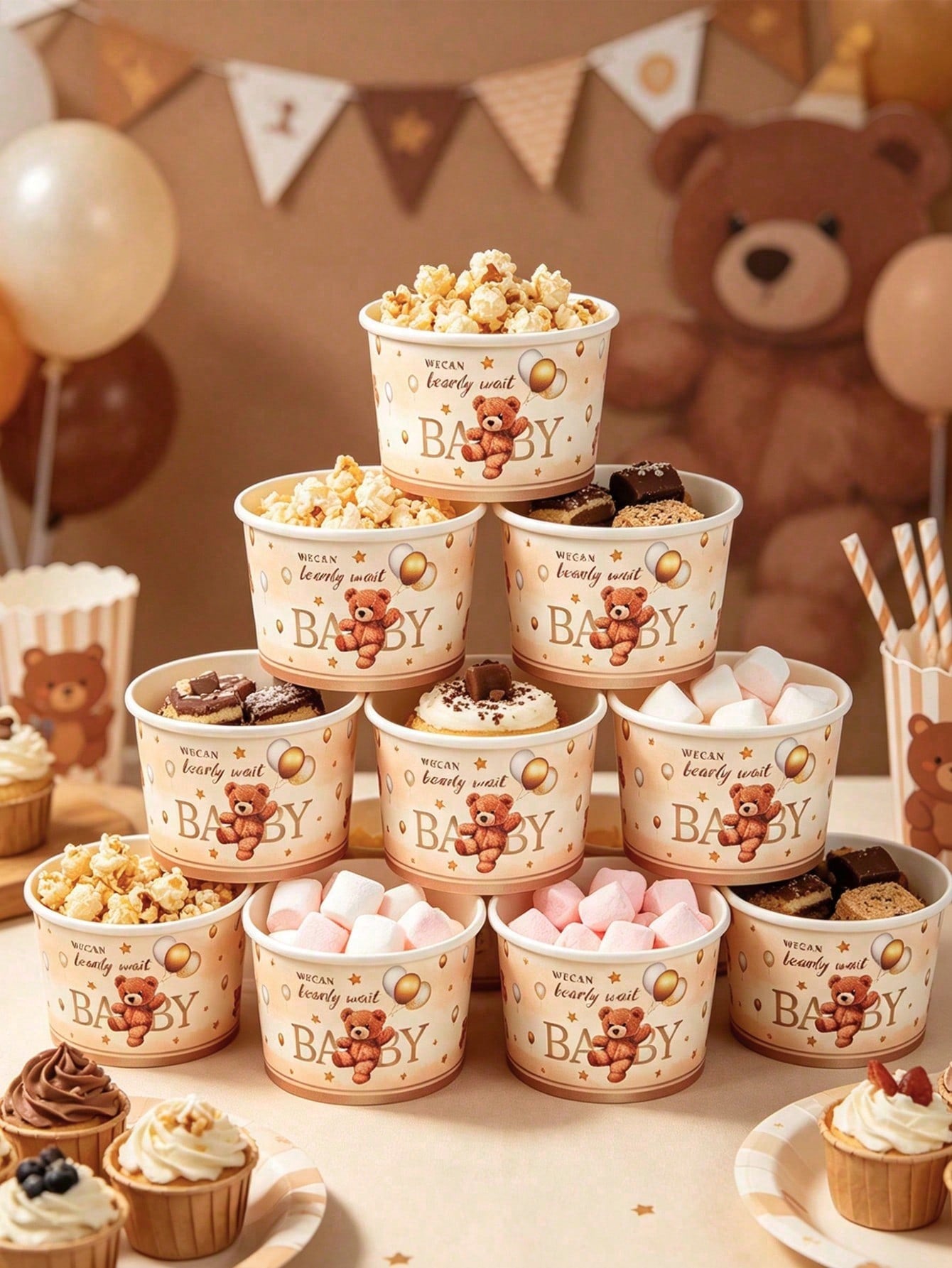 10pcs Brown Bear Paper Bowls, Popcorn Bowls, Baby Shower Theme Paper Bowls, Balloon Pattern, Ice Cream Bowls, Baby Shower Supplies, Candy Bowls, Disposable Tableware, Snack Bowls, Boy Or Girl Party Fa