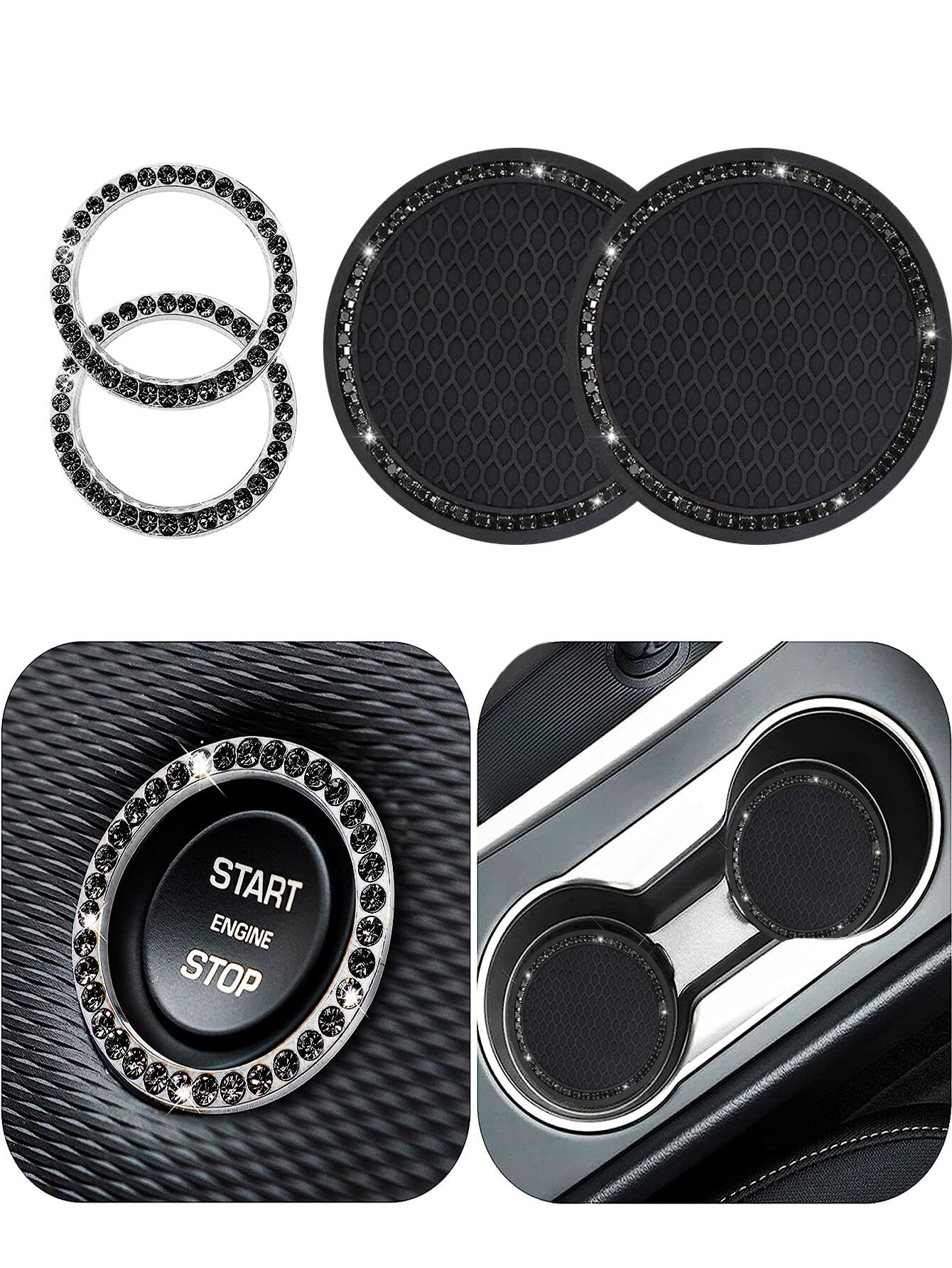 1pair Car Cup Holder Mats And 2pcs Engine Start/stop Key Ring