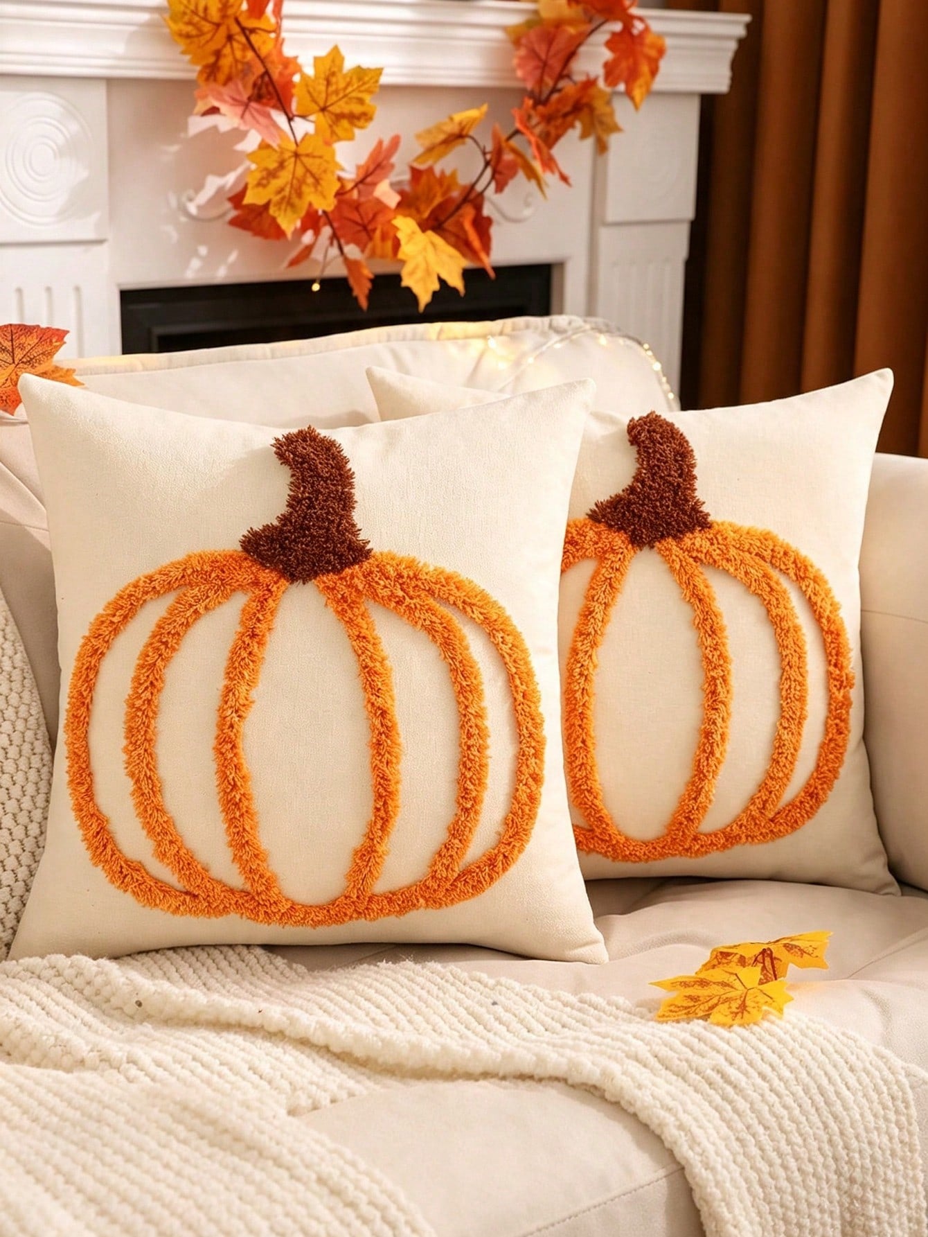 1pc/2pcs Halloween Throw Pillow Cover 18x18 Inch White Pumpkin Embroidered Decorative Pillowcase, Square Cushion Cover, Suitable For Bedroom, Living Room, Sofa, Patio, Garden Decoration And Daily Use