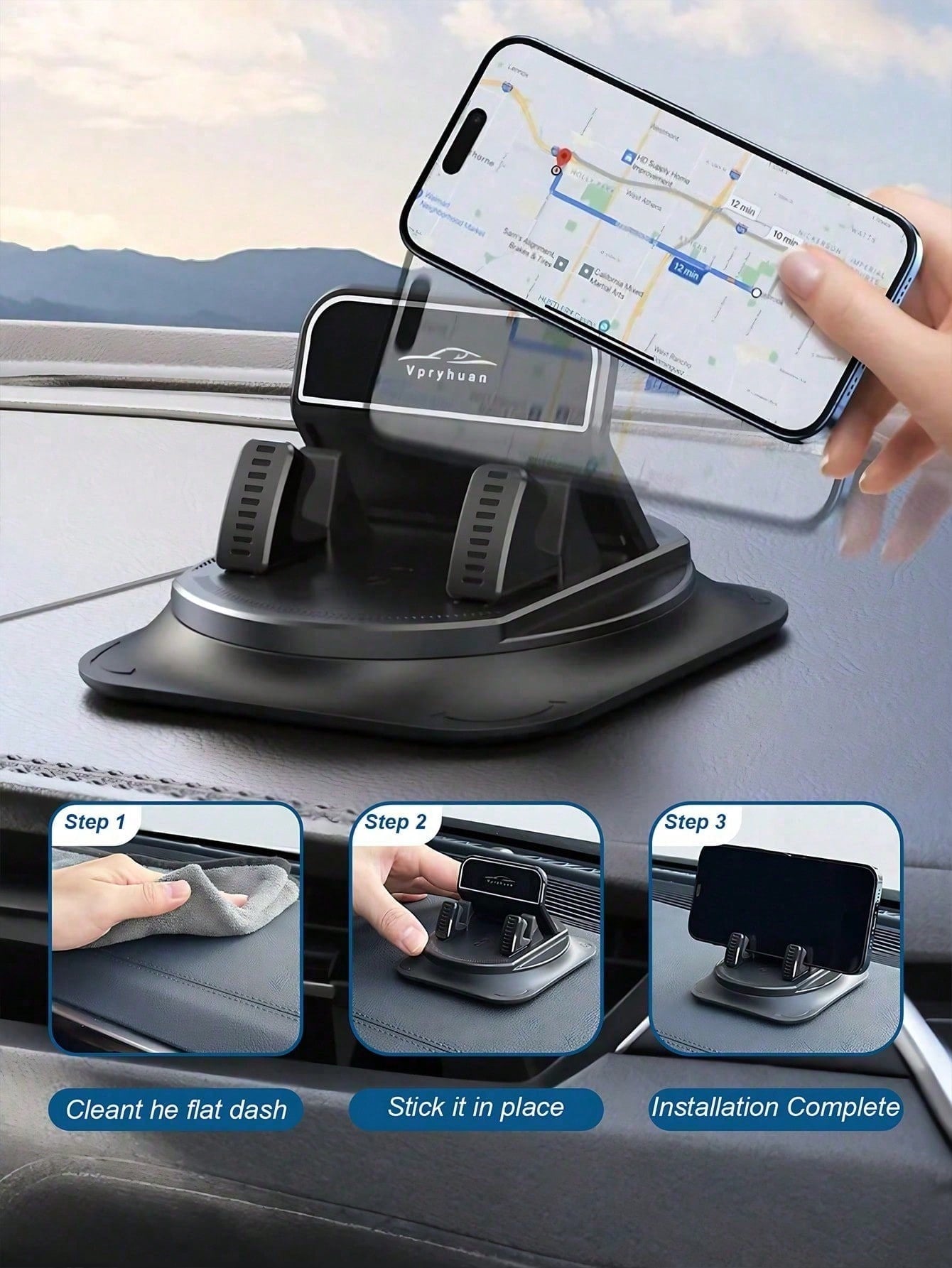 1pc 360° Rotating Dashboard Phone Holder, Nano Gel Base Enhanced Grip, Auto-Lock Prevent Overheating, Suitable For Phones With Or Without Cases