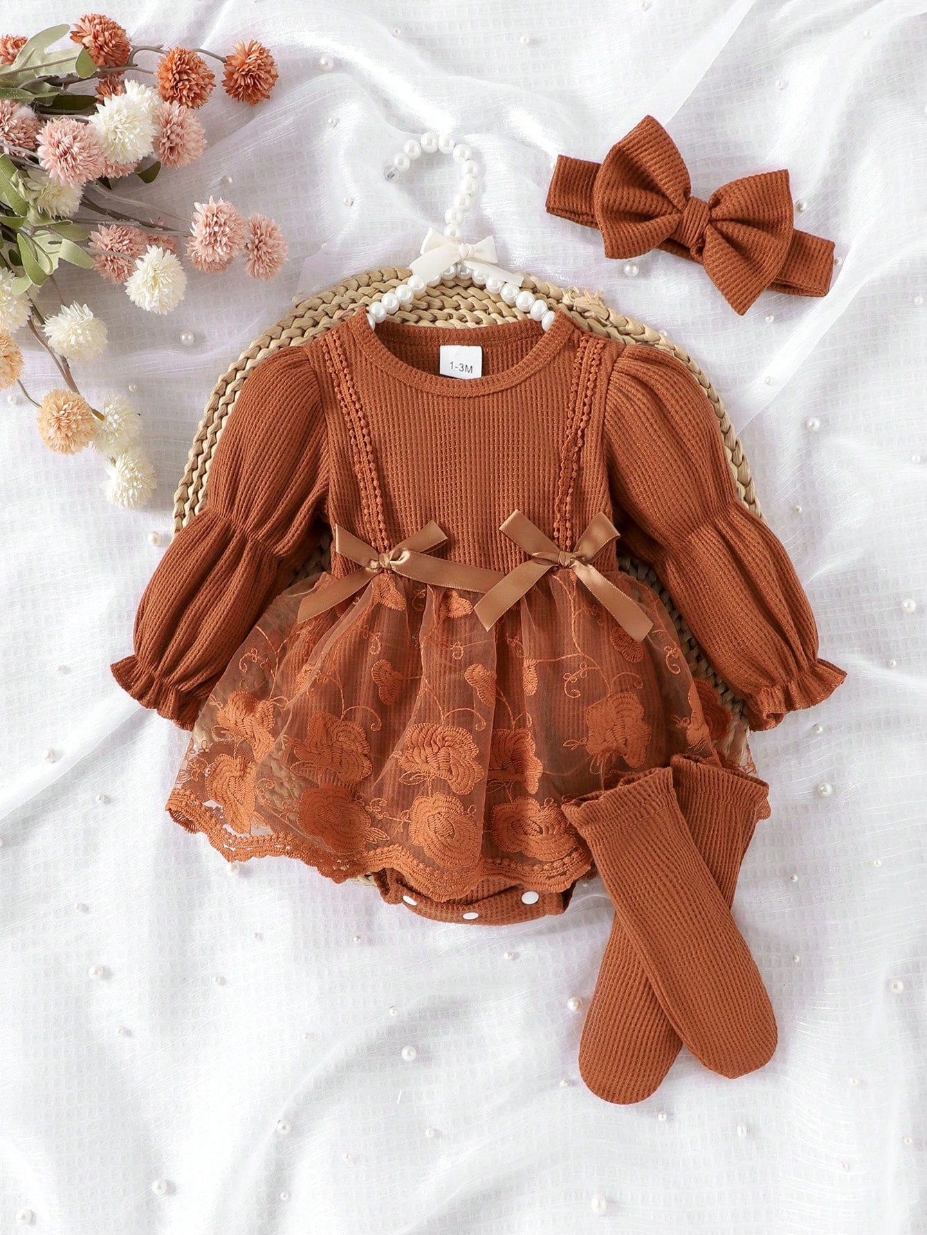 1pc Baby Girl Cute Long Sleeve Mesh Patchwork Dress With Headband And Socks, Spring/Autumn Thin Style