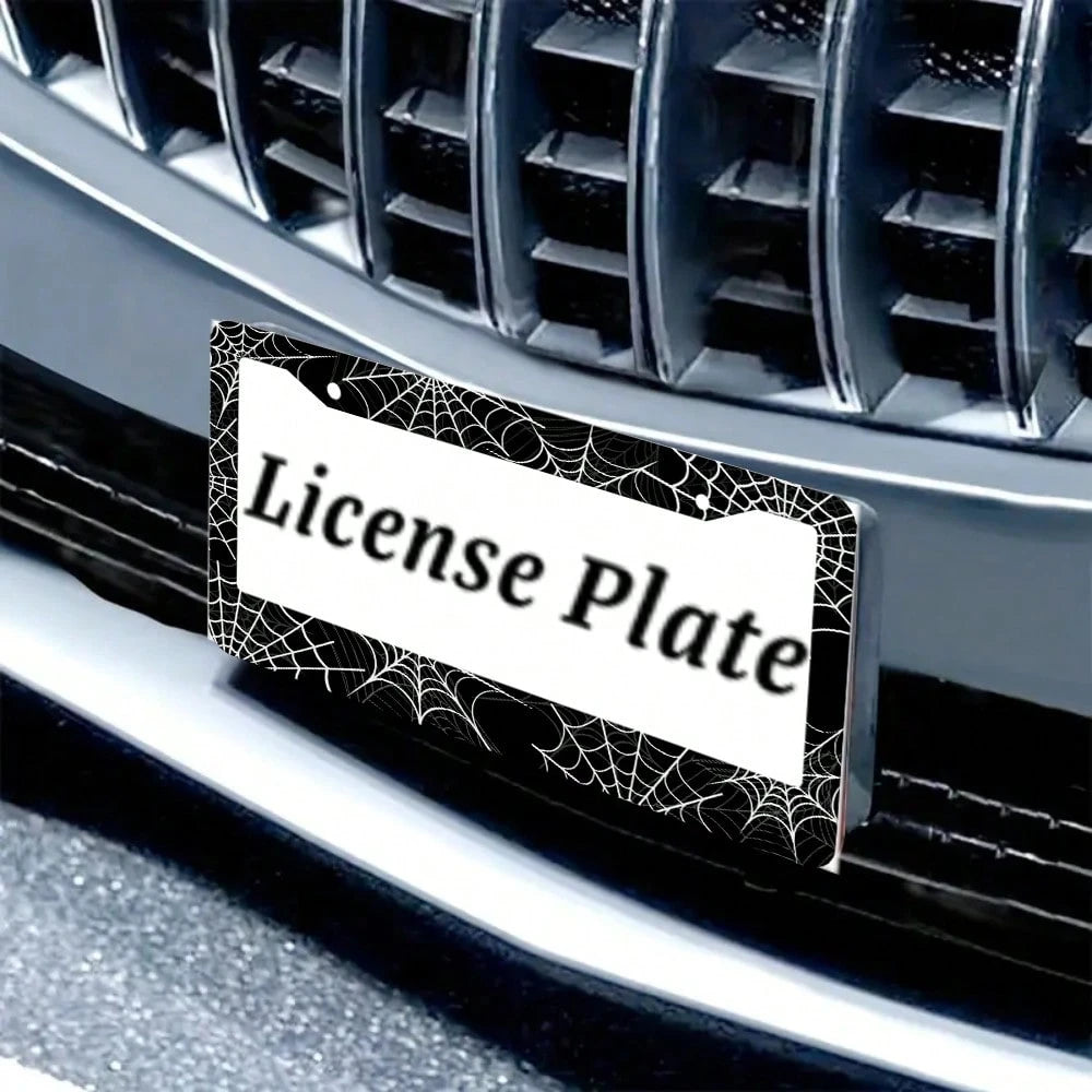 1PC Black And White Spider Web License Plate Frame, Cool Novelty License Plate Frame Metal License Plate Holder US Vehicles Standard Size12x6 Inch