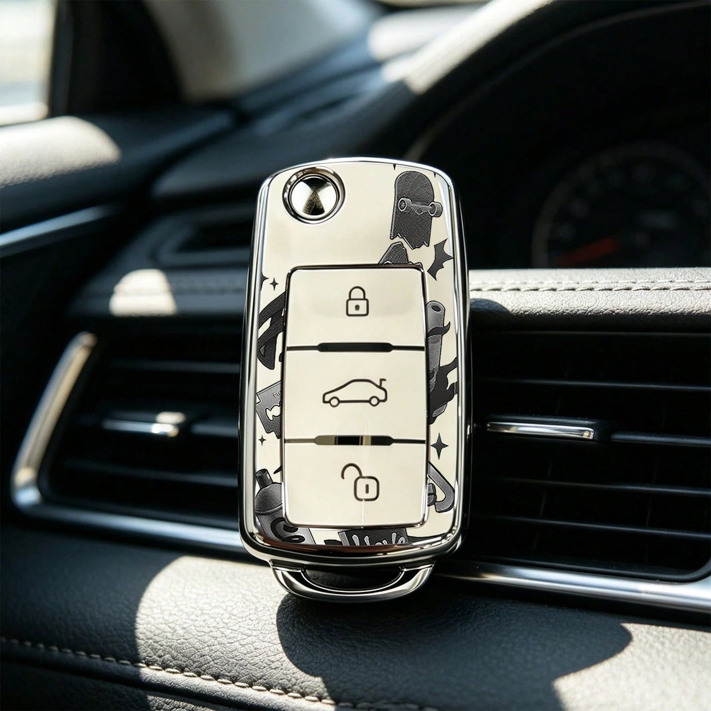 1pc Car Key Case-Fashion Prints,Suitable For Jetta Mk6, Polo Mk5, Golf Mk6, Tiguan Mk1, Passat B7, Passat NMS, Caddy Mk3, Beetle, Amarok, Touran Mk1. Advanced Soft-Touch, Does Not Block Signal, Unisex