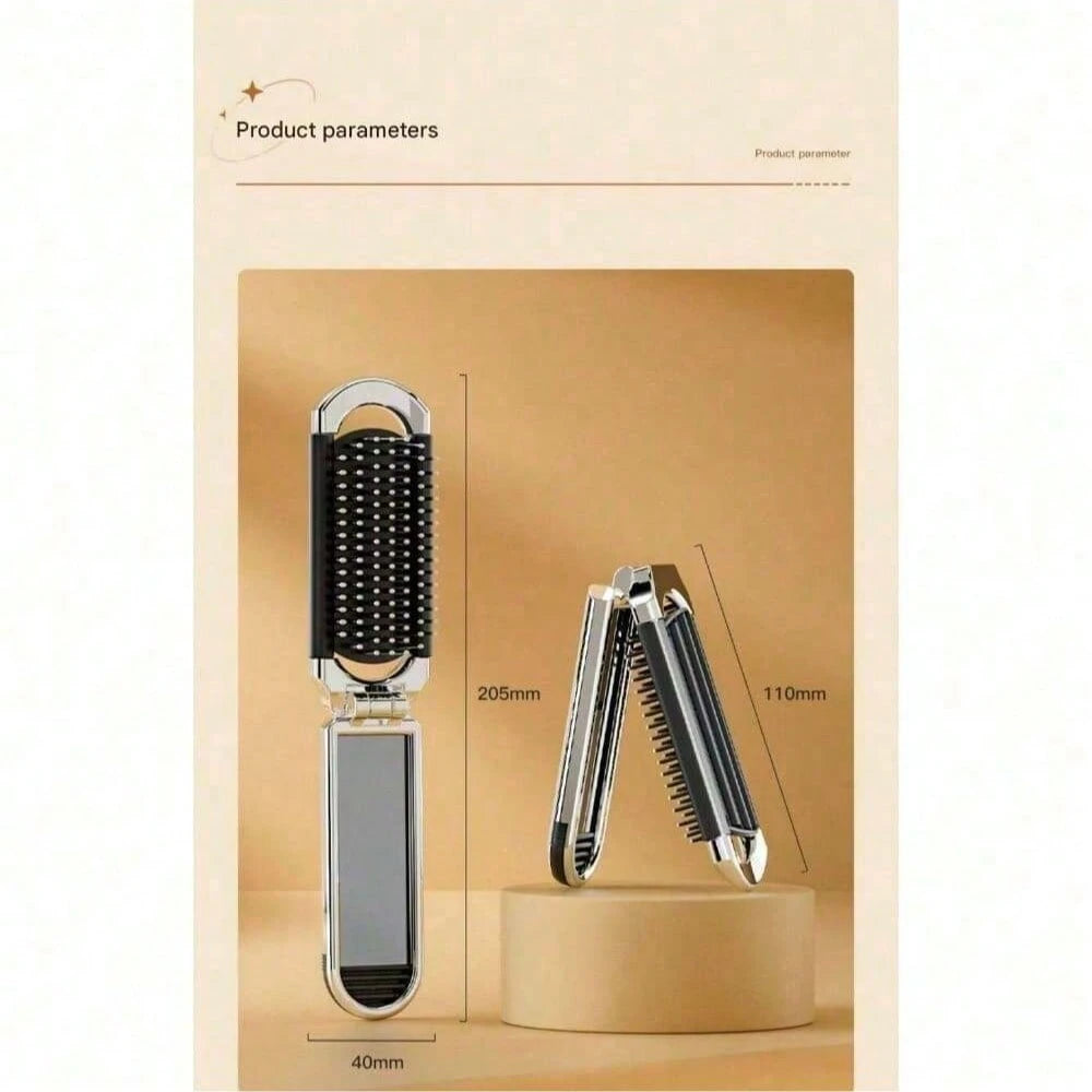 1pc Foldable Silver-Tone Metallic Comb With Built-In Mirror, Compact & Portable