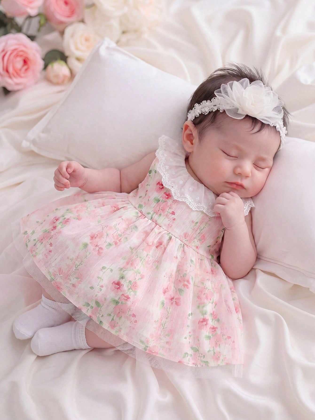 1pc Girls Sweet Princess Style Light Pink Ditsy Floral Lace Trim Mesh Sleeveless A-Line Dress Cute Lightweight Summer Dress For Birthday Festival