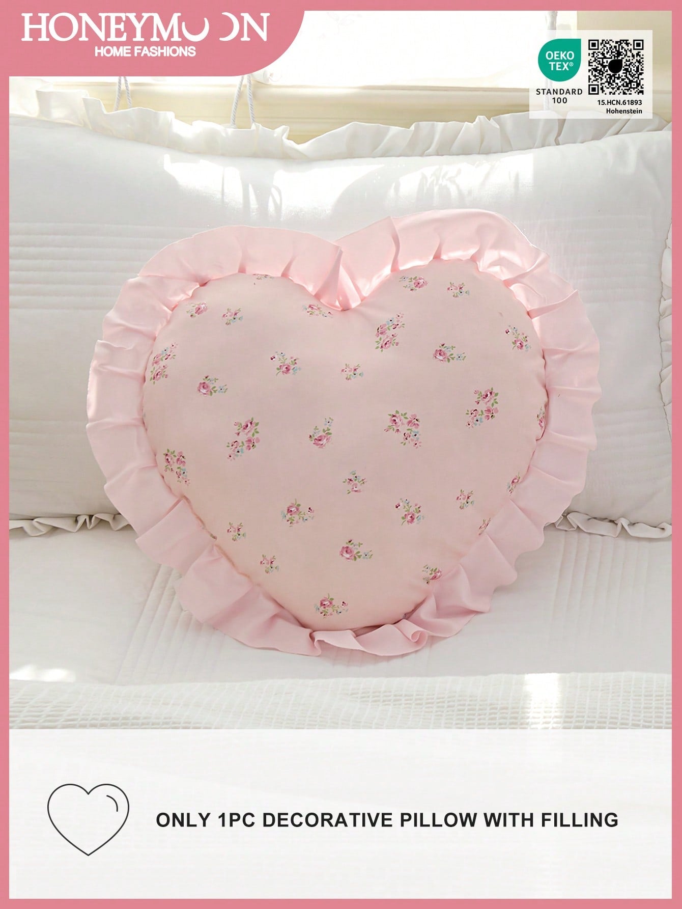 1pc Heart Shaped Printed Decorative Throw Pillow, Single-Sided Print, Romantic French Style With Ruffle Trim, Fashionable Accent Cushion For Living Room, Bedroom, Dorm, Sofa, Bench, Great Gift For Lov