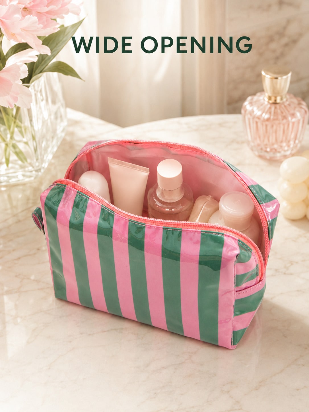 1pc Neutral PVC Striped Makeup Bag, Easy To Clean, Waterproof And Large Capacity, Essential For Travel And Business Trips, Ideal Cosmetic Storage Bag, Suitable As A Birthday Or Valentine's Day Gift Fo