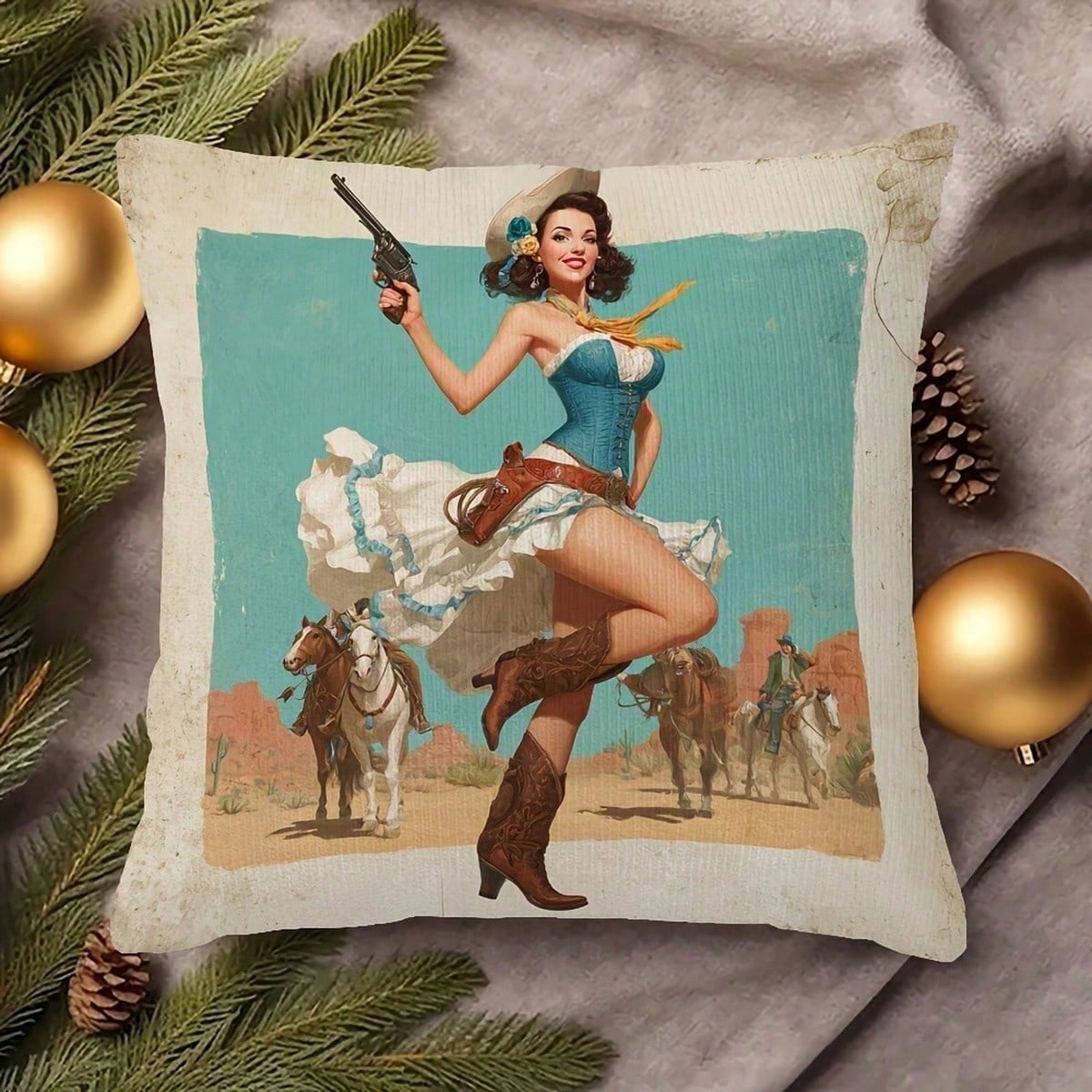 1pc Retro Western Cowgirl Pin-Up Throw Pillow Cover, Short Plush, For Sofa, Living Room, Bedroom, Home Decor, No Insert, Vintage Desert Cowboy Theme