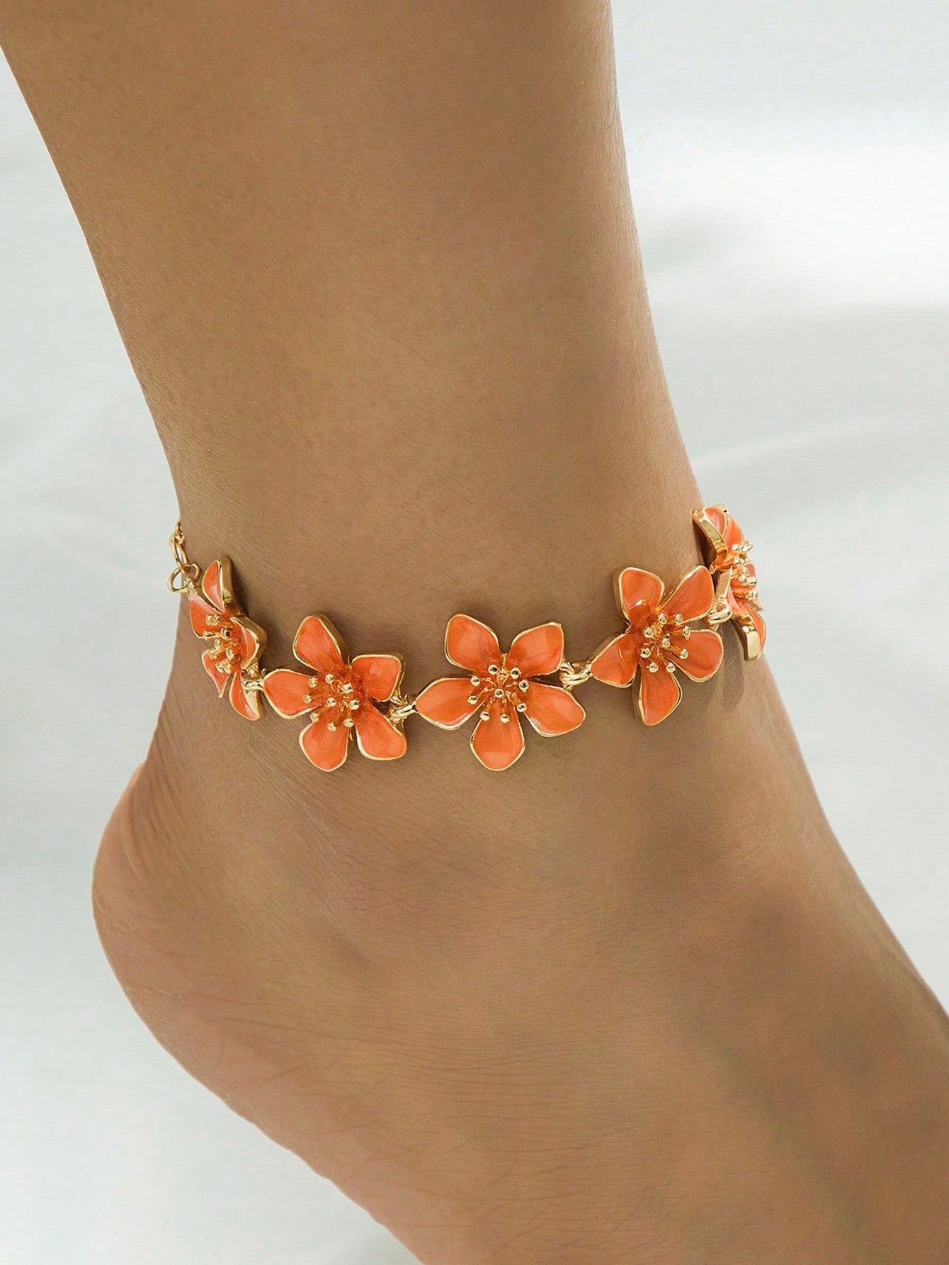 1pc Vacation Style Fresh & Energetic Retro Vibe Dopamine Orange Floral Charm Anklet, Suitable For Holiday/Travel/Date/Daily Wear, Elegant Ladies Jewelry