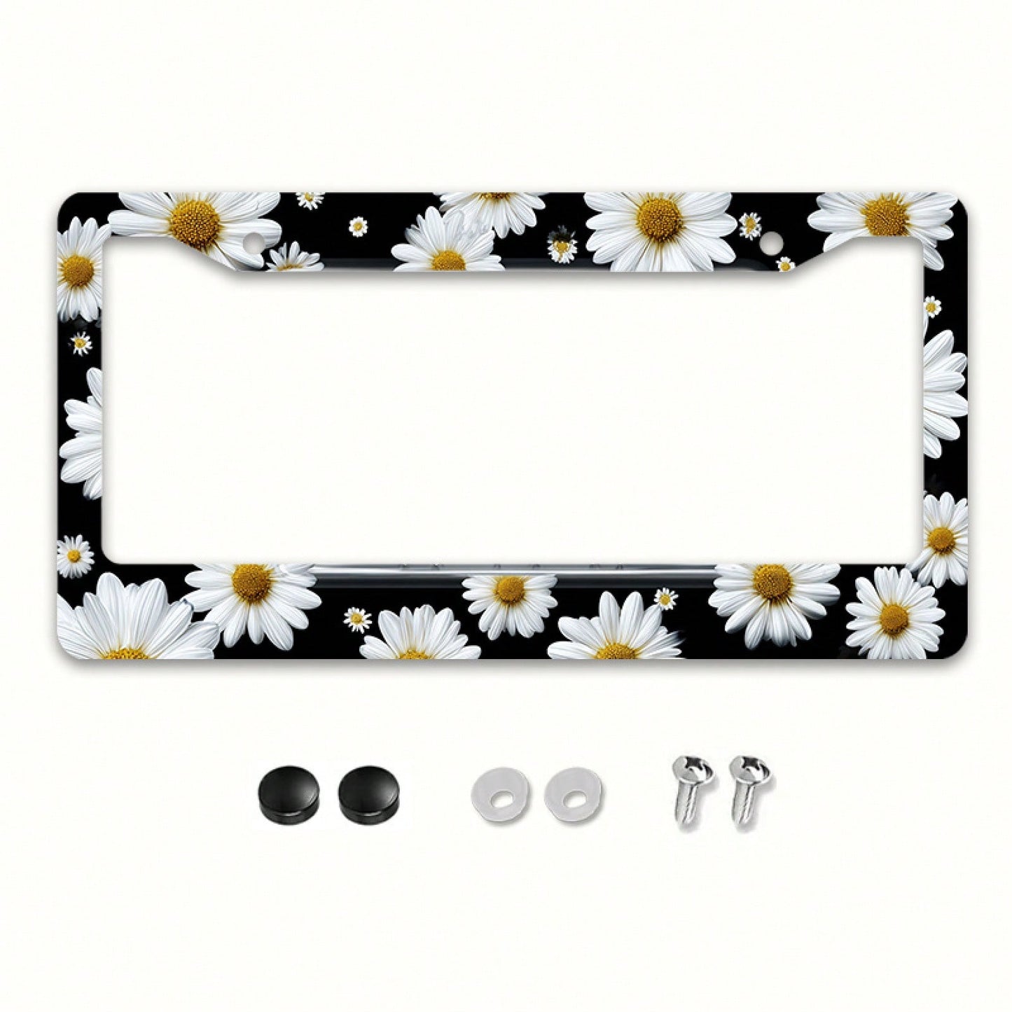 1pc White Daisy Metal License Plate Frame 12x6in, Elegant Frame With Mount Screws, Fits US & Global Vehicles, Easter Floral Car Decor Accessory,Car Cover,Car Must Haves,Gifts,Car Decor,Car Acessesorie