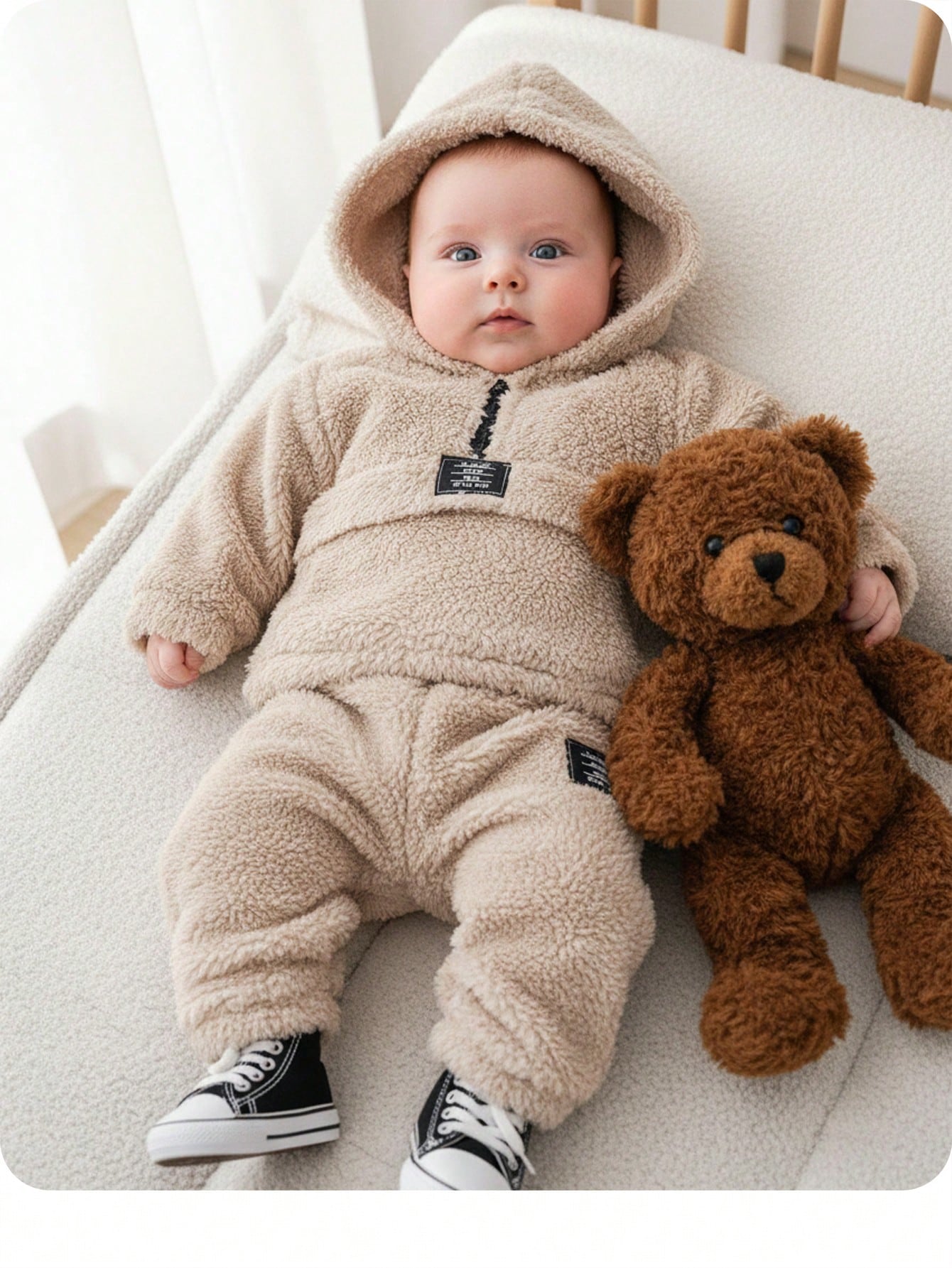 2-Pack Baby Boy Beige Winter Cute Holiday Plush Hooded Sweatshirt And Trousers Set,Casual Simple Soft Outfits For Birthday Parties,Baptisms&Daily