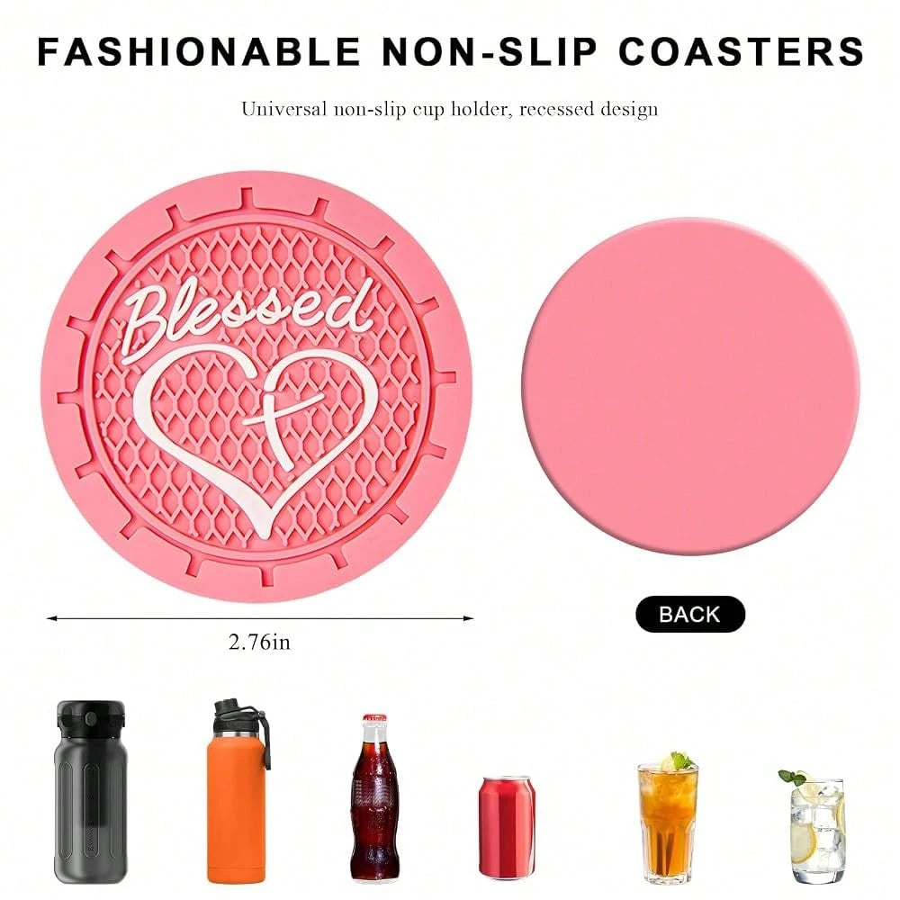 2 PCS Car Cup Holder Coaster, 2.76 Inch Soft PVC Non-Slip Blessed Cross And Heart Chris 1tian Car Cup Coasters, Auto Interior Shockproo