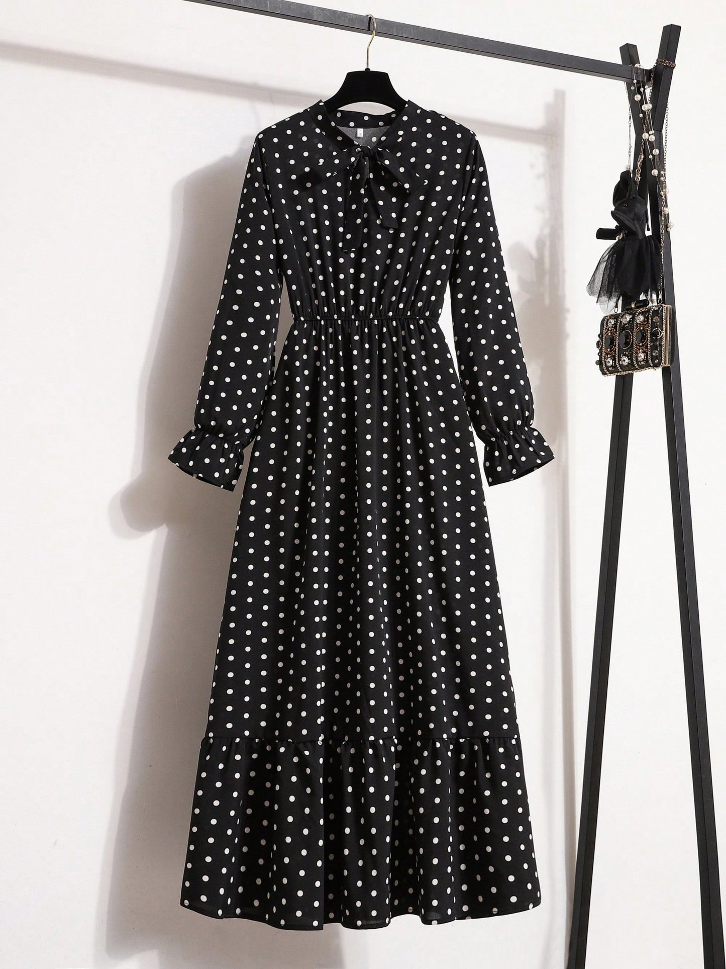 2025 Spring Autumn Long Sleeve Bowknot Ribbon Collar Vintage Polka Dot Loose Pullover Elegant Casual Holiday Dress Vacation