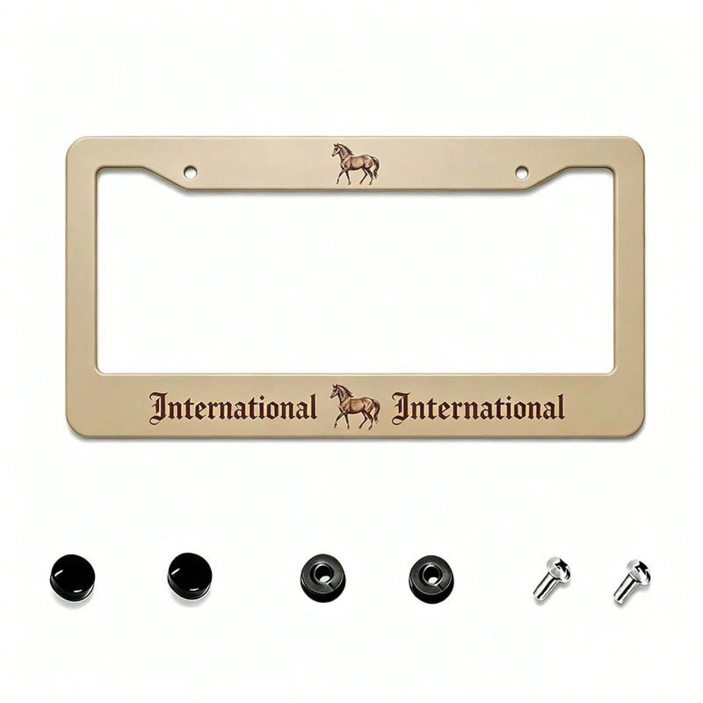 2D Flat, 12X 6inch Aluminum License Plate Frame, Beige Background With International Brown Gothic Font And Horse Print Decoration, American Retro Western Style, Suitable For Standard License Plates, F