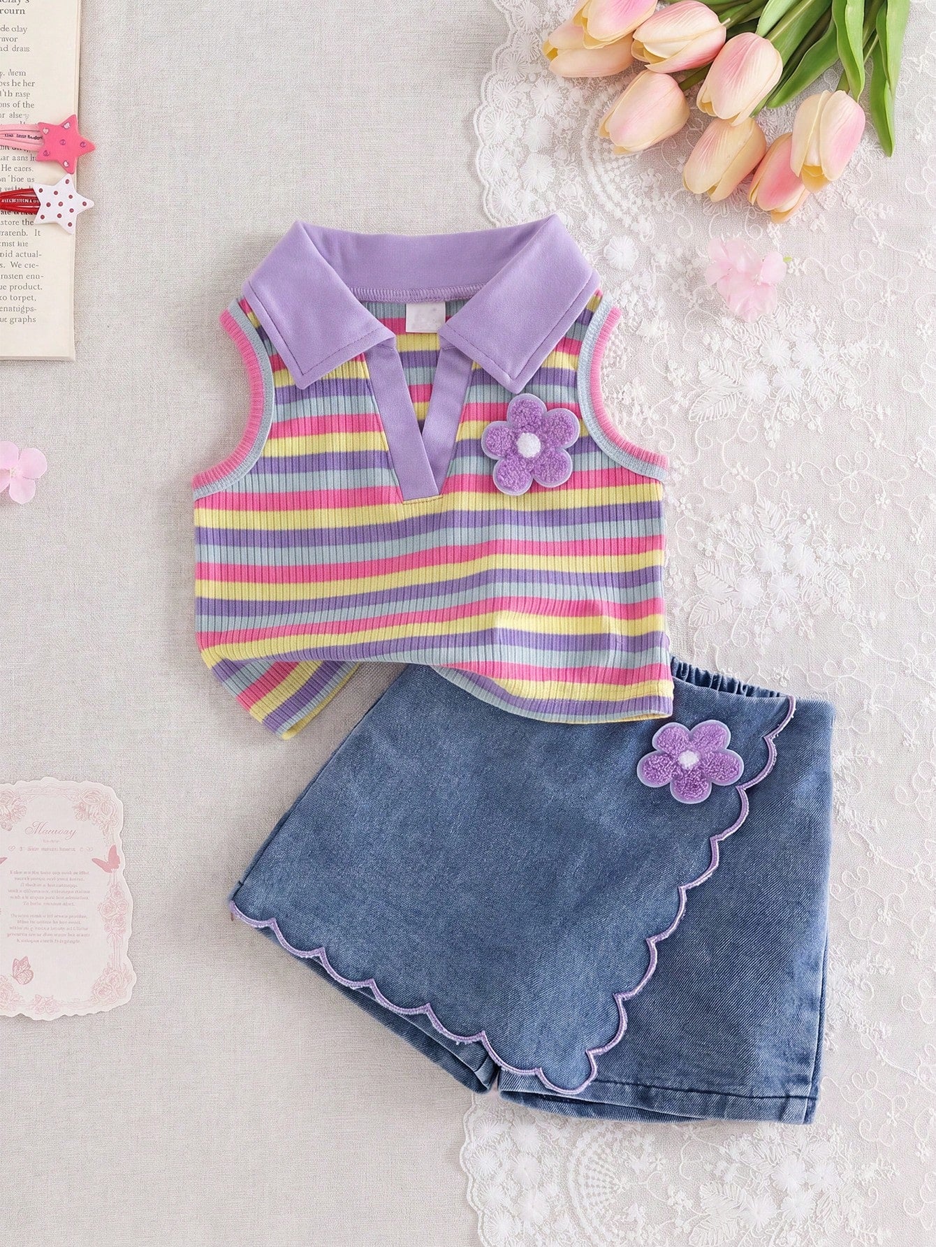 2pcs Baby Girls Cute Blue And Yellow Striped Vest Top&Skort Set Summer Family Matching Sleeveless Collared V-Neck Top Elastic Waist Shorts Skirt