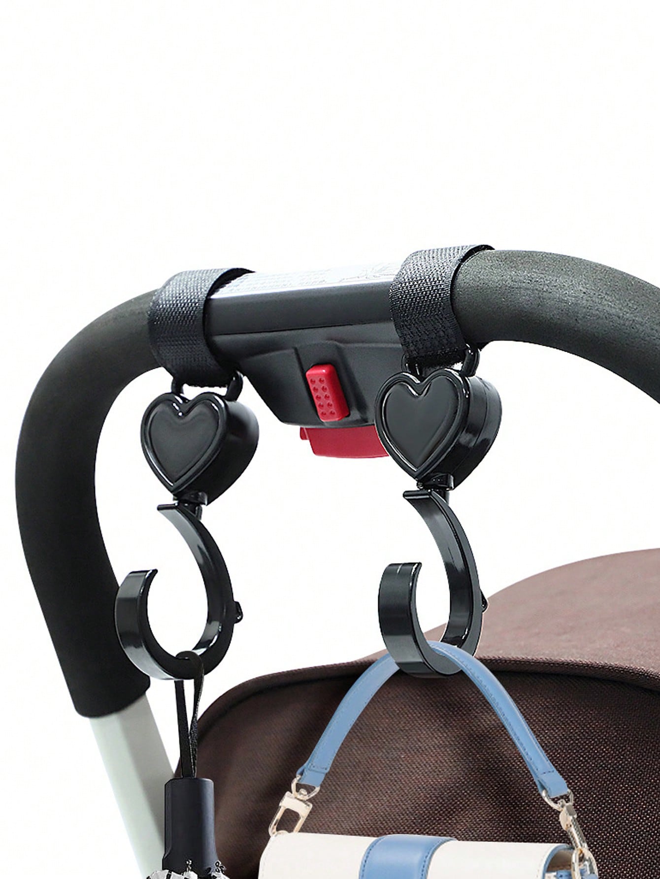 2pcs Black Baby Stroller Hooks: Rotatable And Large-Sized, Convenient For Hanging On Strollers To Carry Bags Hands-Free. With Heart-Shaped Design.