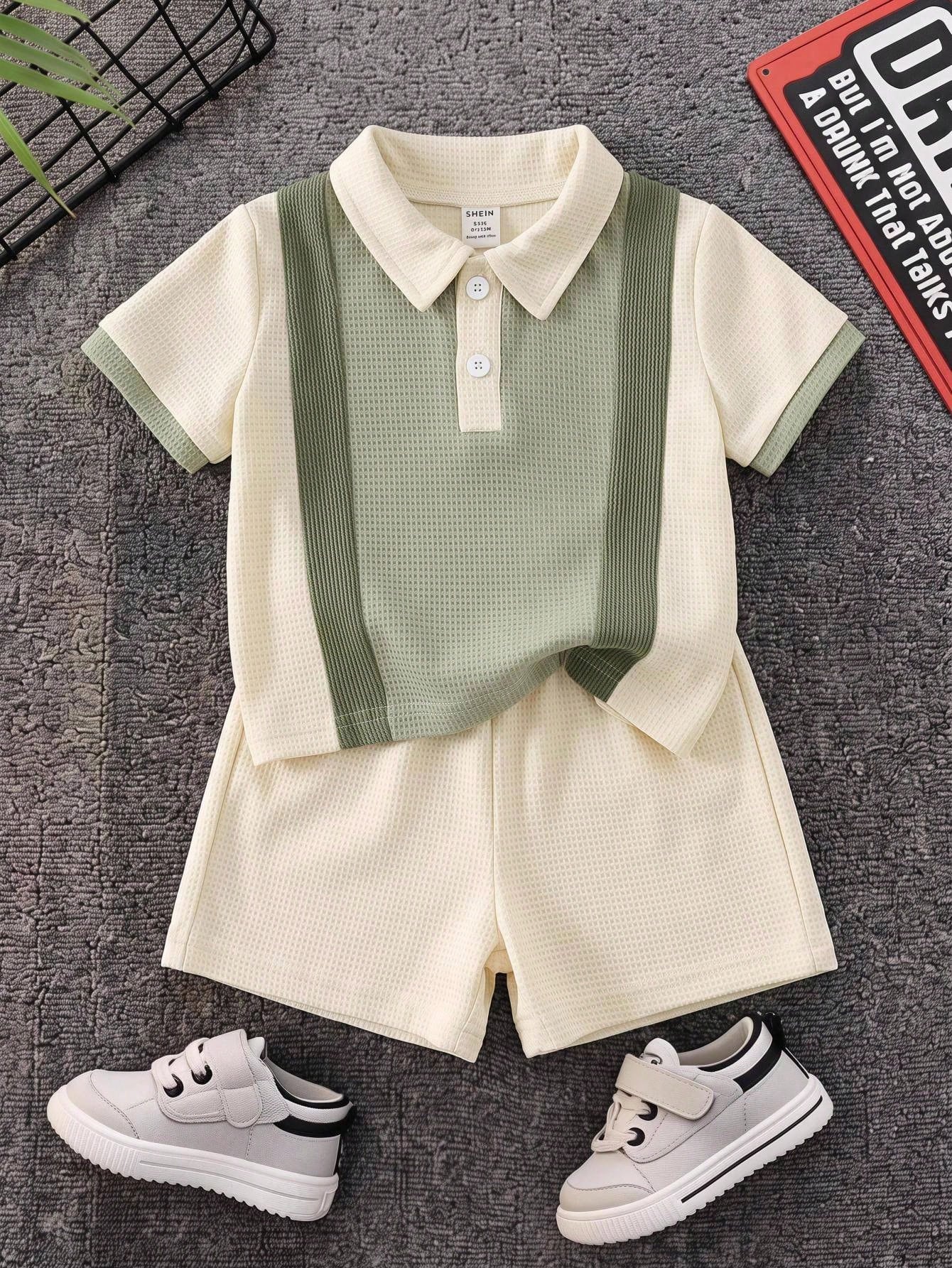 2pcs/Set Baby Boy Summer Casual Colorblock Polo Shirt And Casual Shorts Set, Polo Outfit, Formal Outfit, Infant Outfit, Summer Outfit