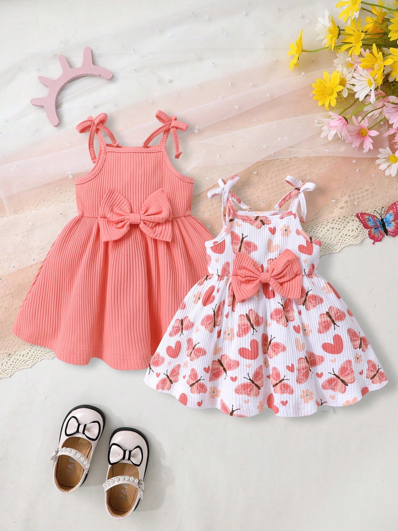 2pcs Set, Casual Elegant Sweet Cute Baby Girl Dress Outfit, Soft Comfortable Bow Decor Strap Princess Dress Suit, Suitable For Daily Wear, Vacation, Party, Photoshoot