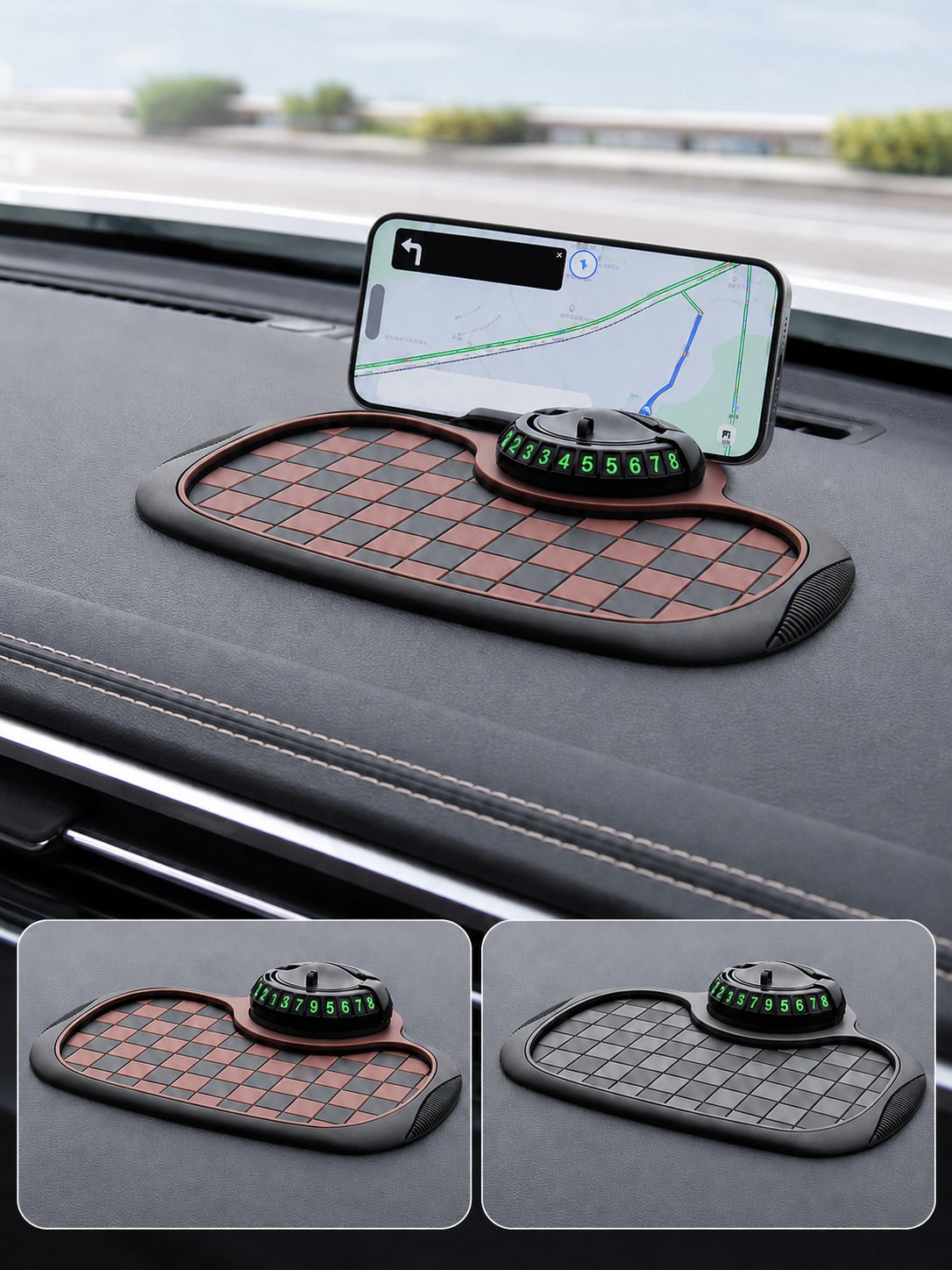 4-In-1 Anti-Slip Car Dashboard Mat, Multi-Function Phone Holder Parking Number Plate Storage Pad, Grid Anti-Slip Car Dashboard Organizer Mat, Car Interior Accessories