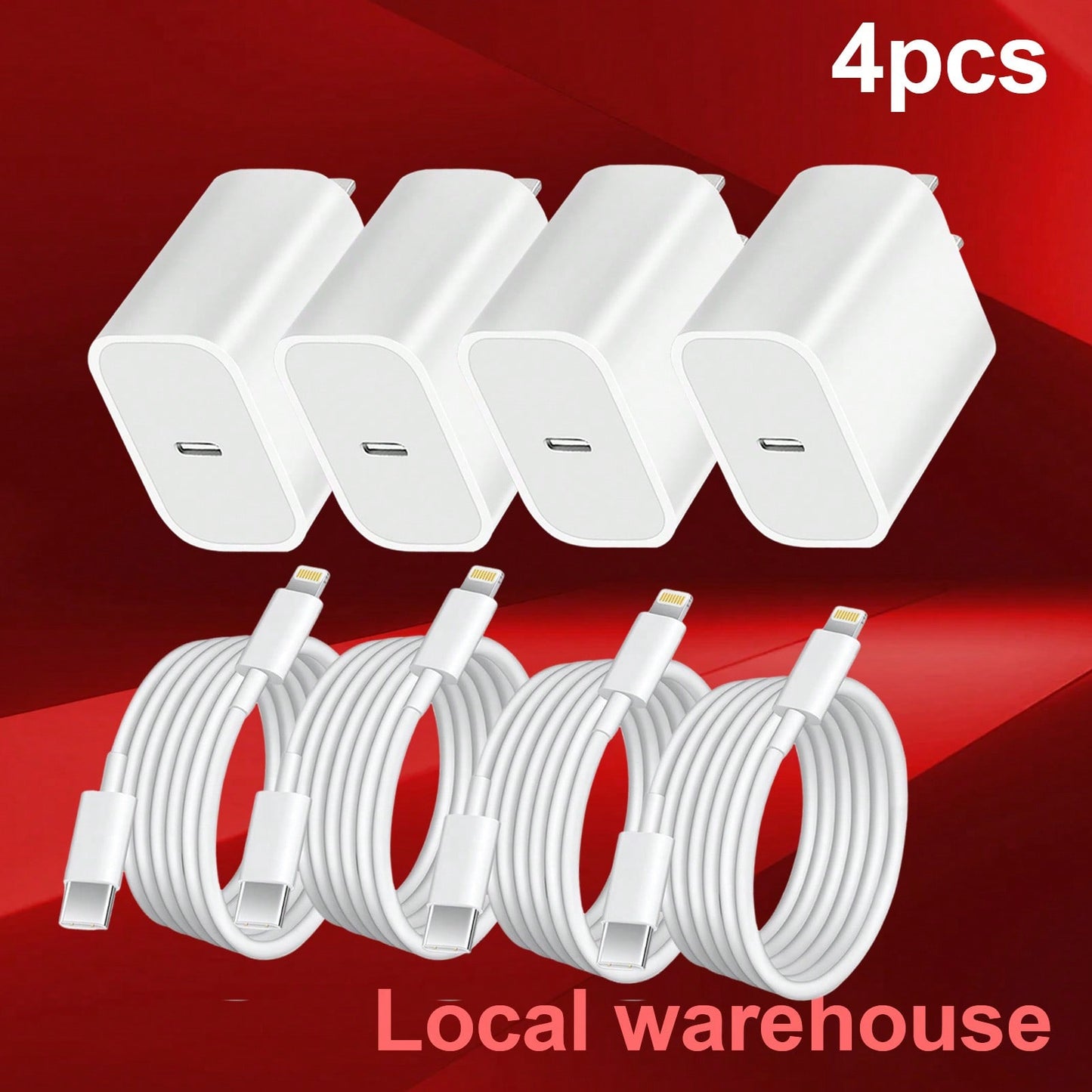 4-Pack Type C Fast Charger Kit: USB C Charger (Charging Block) + 4ft Lightning Cable – Compatible With Mobile Phones & IPa| Local Warehouse Fast Delivery