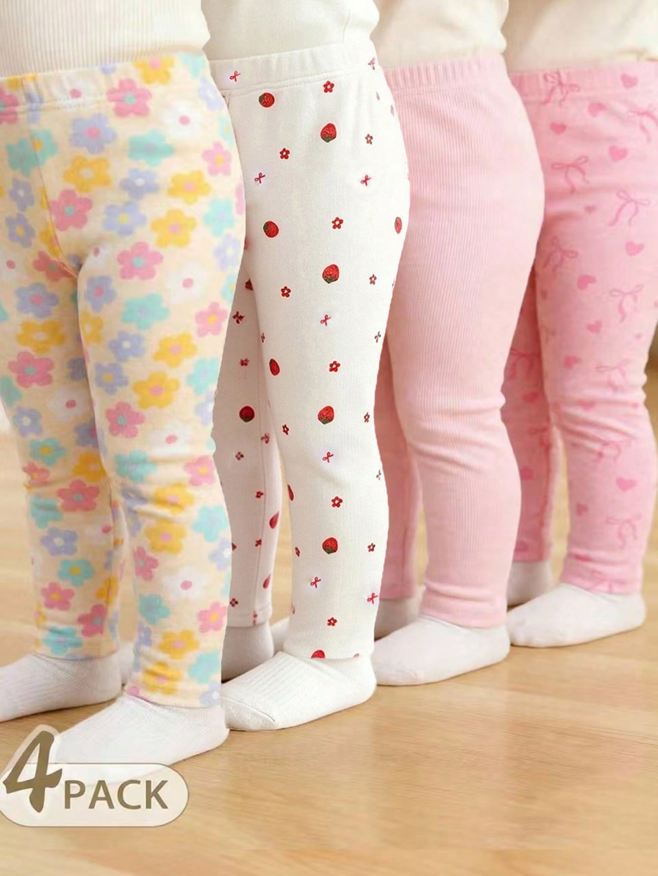 4pcs Baby Girls' Casual Everyday All-Match Rainbow, Floral & Striped Print Bottoms, Spring/Summer