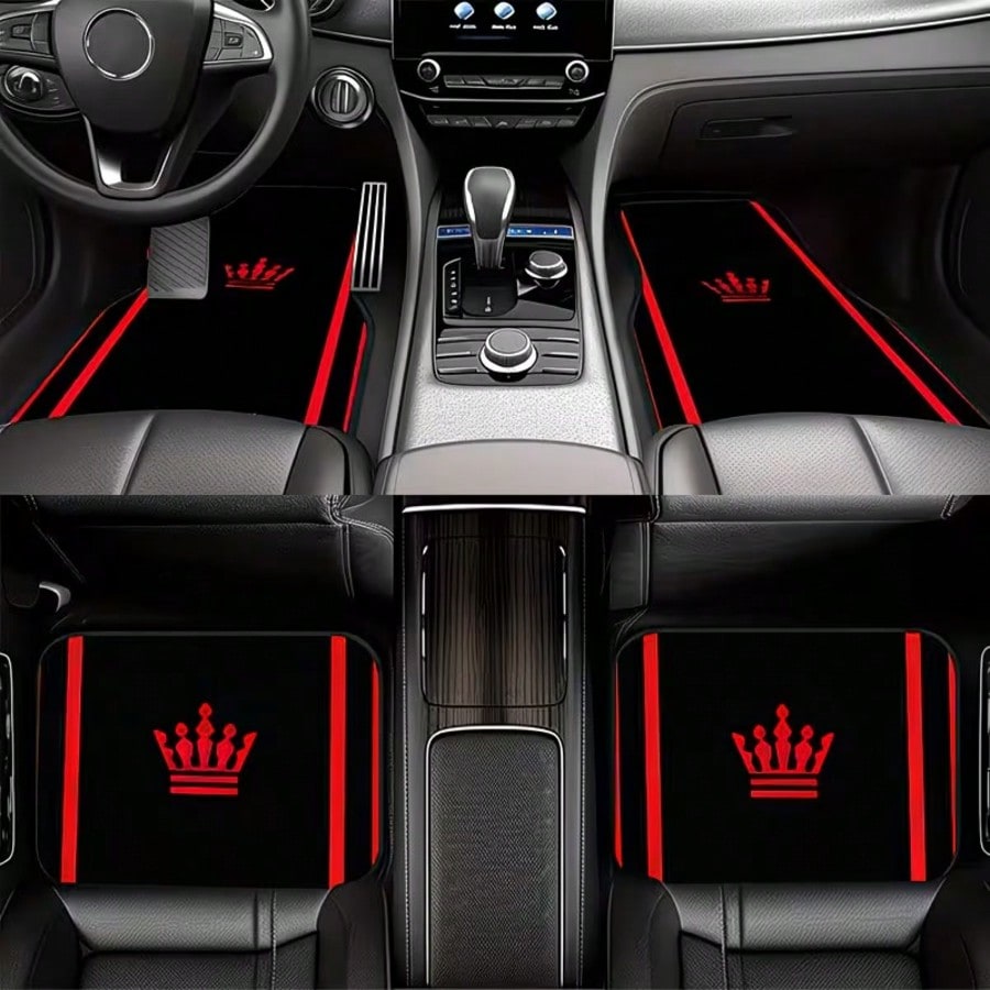 4PCS Red Crown Print Fashion Minimalist Car Floor Mats, Anti-Slip Stable No Displacement, Durable And Wear-Resistant, All-Season Use, Practical Car Interior Decoration Accessories