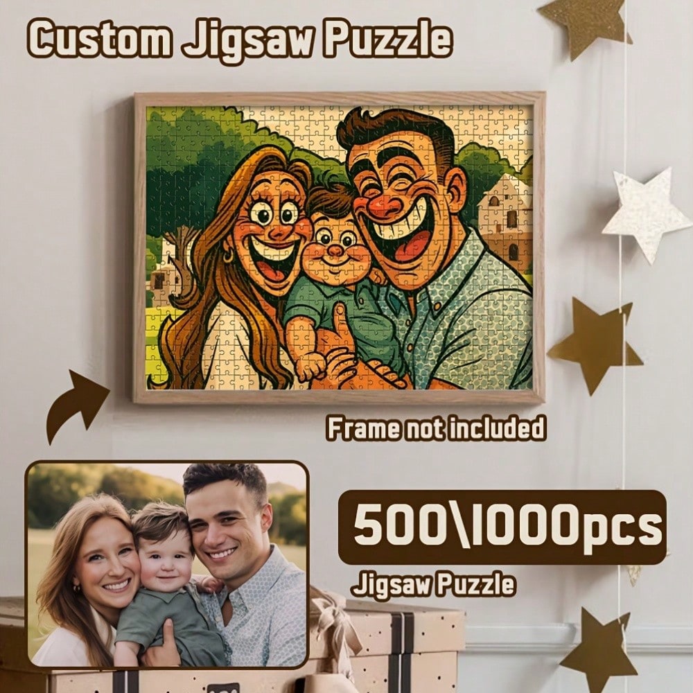500/1000pcs Custom Photo Puzzles| Personalized Family And Pet Portraits, Fun Cartoon Art, Ideal For Christmas And Valentine'S Day Gifts, Light Brown Fiberboard, Portable For Beginners
