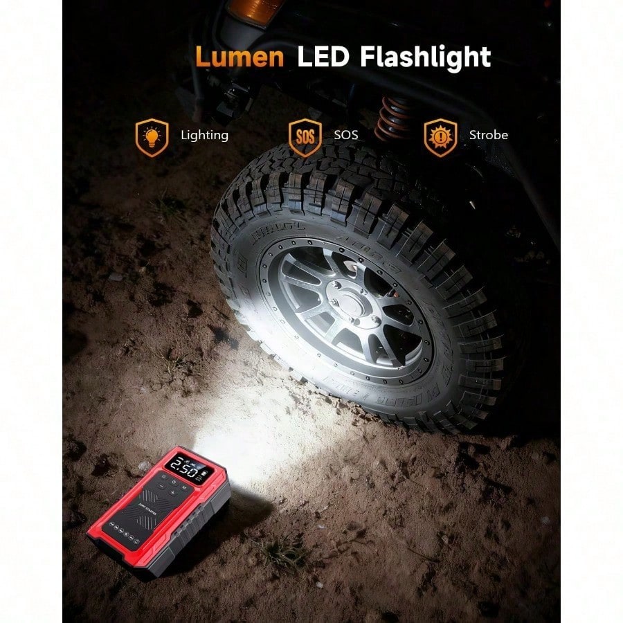 7-In-1 Portable Car Jump Starter With Air Compressor & LCD Display- Heavy-Duty Battery Booster Suitable For Gas/ Engines, Emergency Power Source With 3-Mode Flashlight