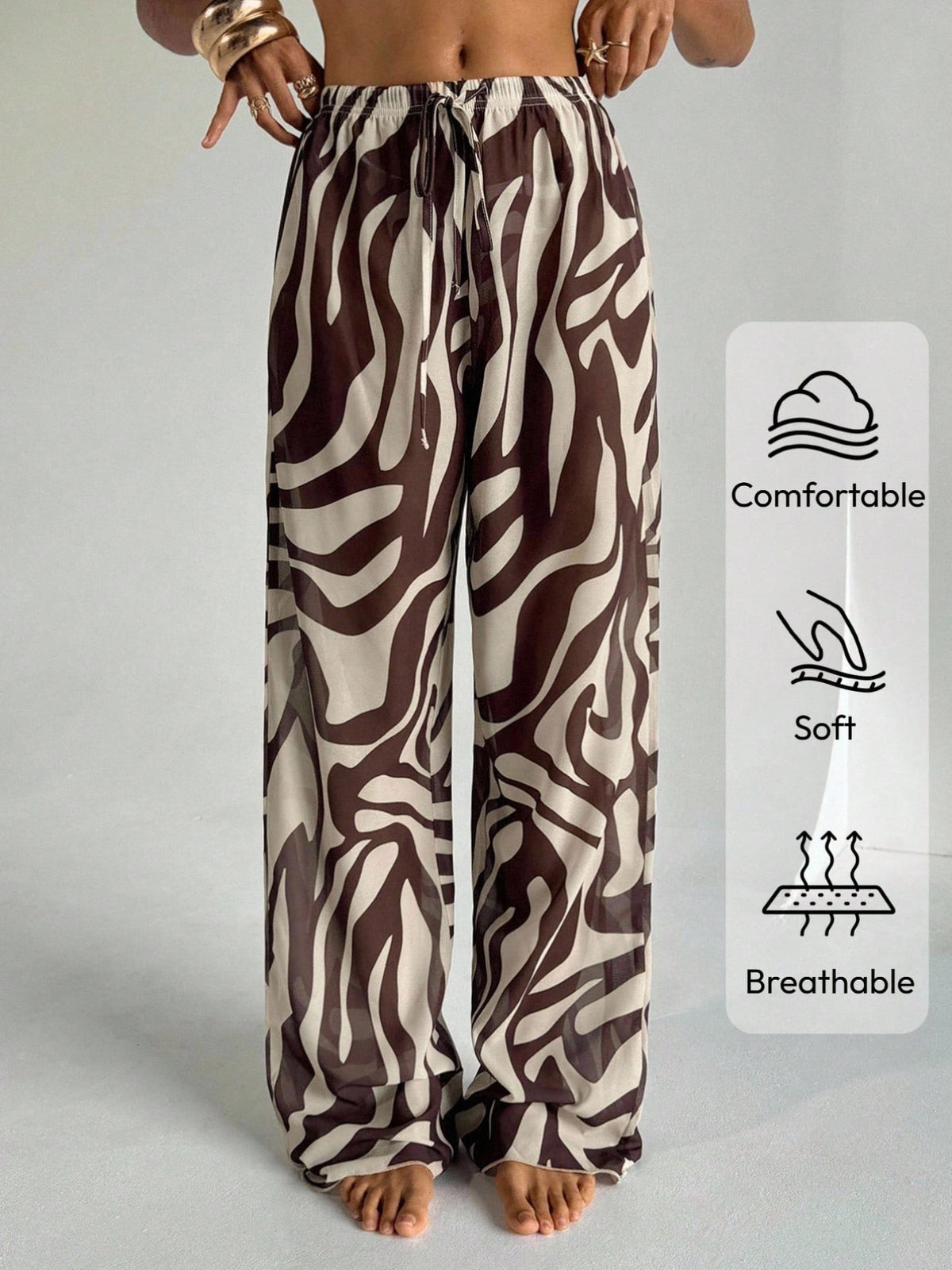Aloruh Women's Zebra Print Low Waist Wide Leg Beach Cover Up Pants,Teal And Brown,Summer,Boho,Beach,Holiday,Holiday,Western Wear Swimsuit Swimwear Coverups