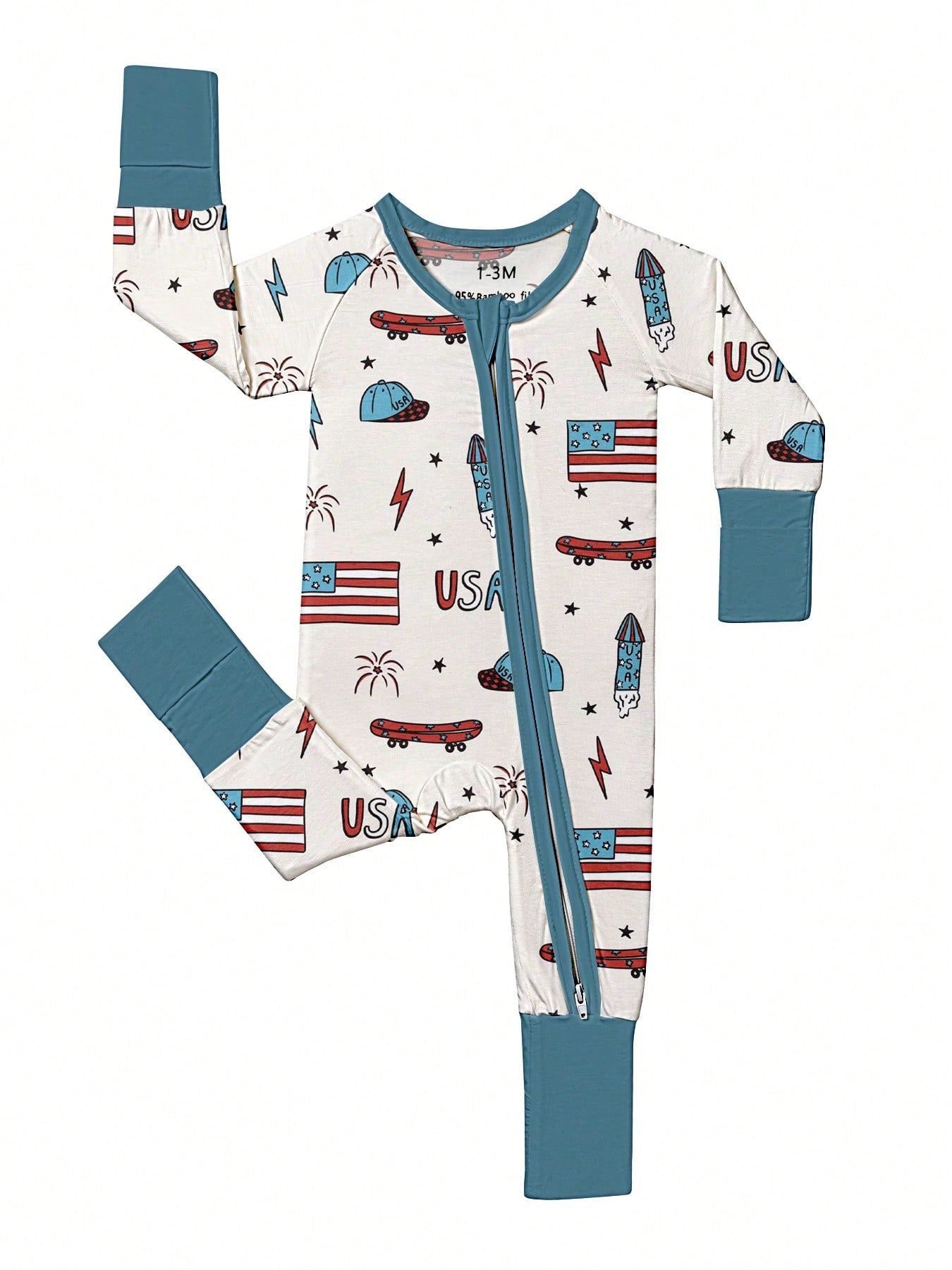 Baby Bamboo Fiber Zip-Up, USA 4TH OF JULY Print Romper, All-Season Knit Fabric Skinny Fit With Zipper Detail, Boy Girl Baby Clothes, Perfect For Outdoor