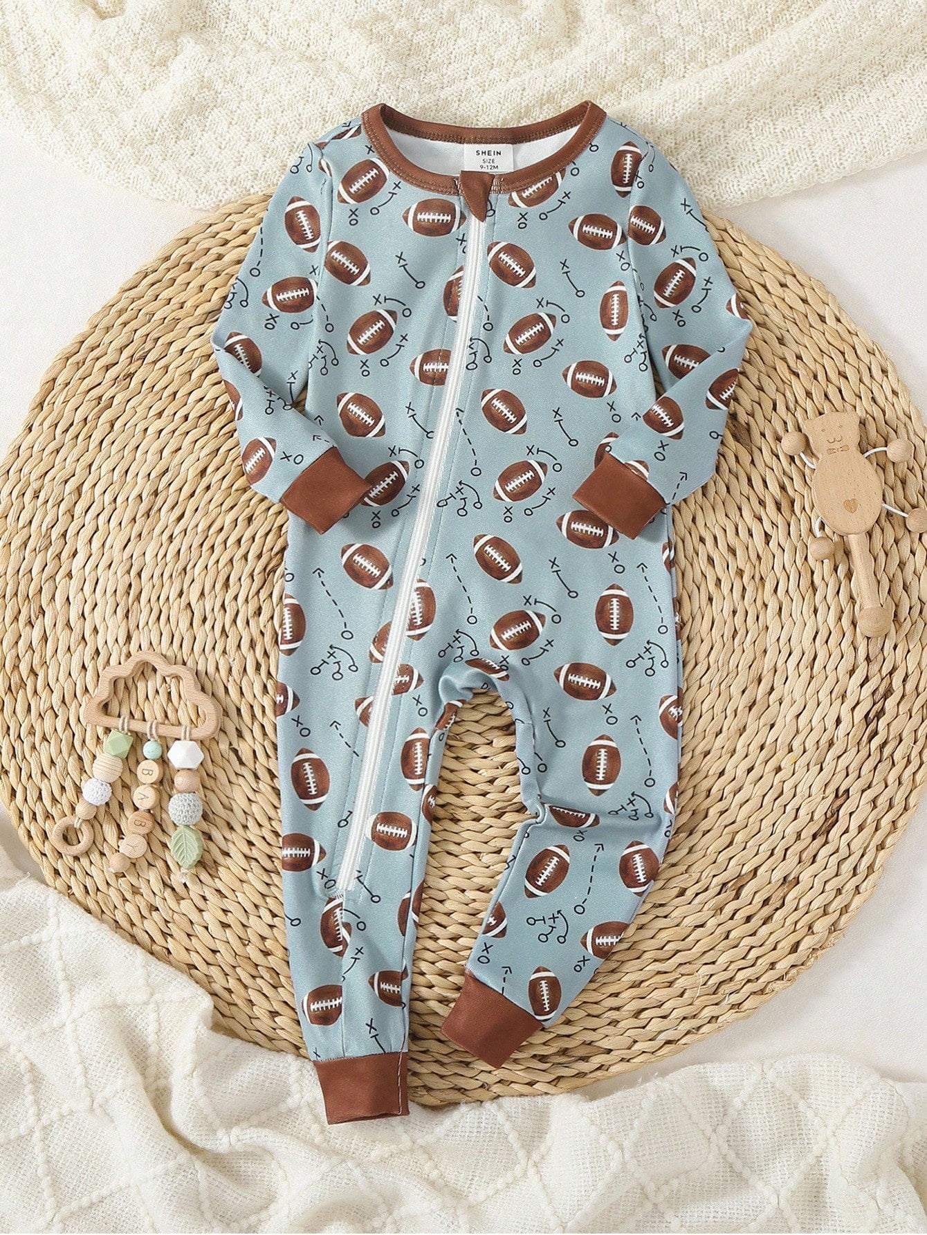 Baby Boy Knitted Crew Neck Long Sleeve Jumpsuit With Playful Pattern, Casual Loungewear For Spring/Summer