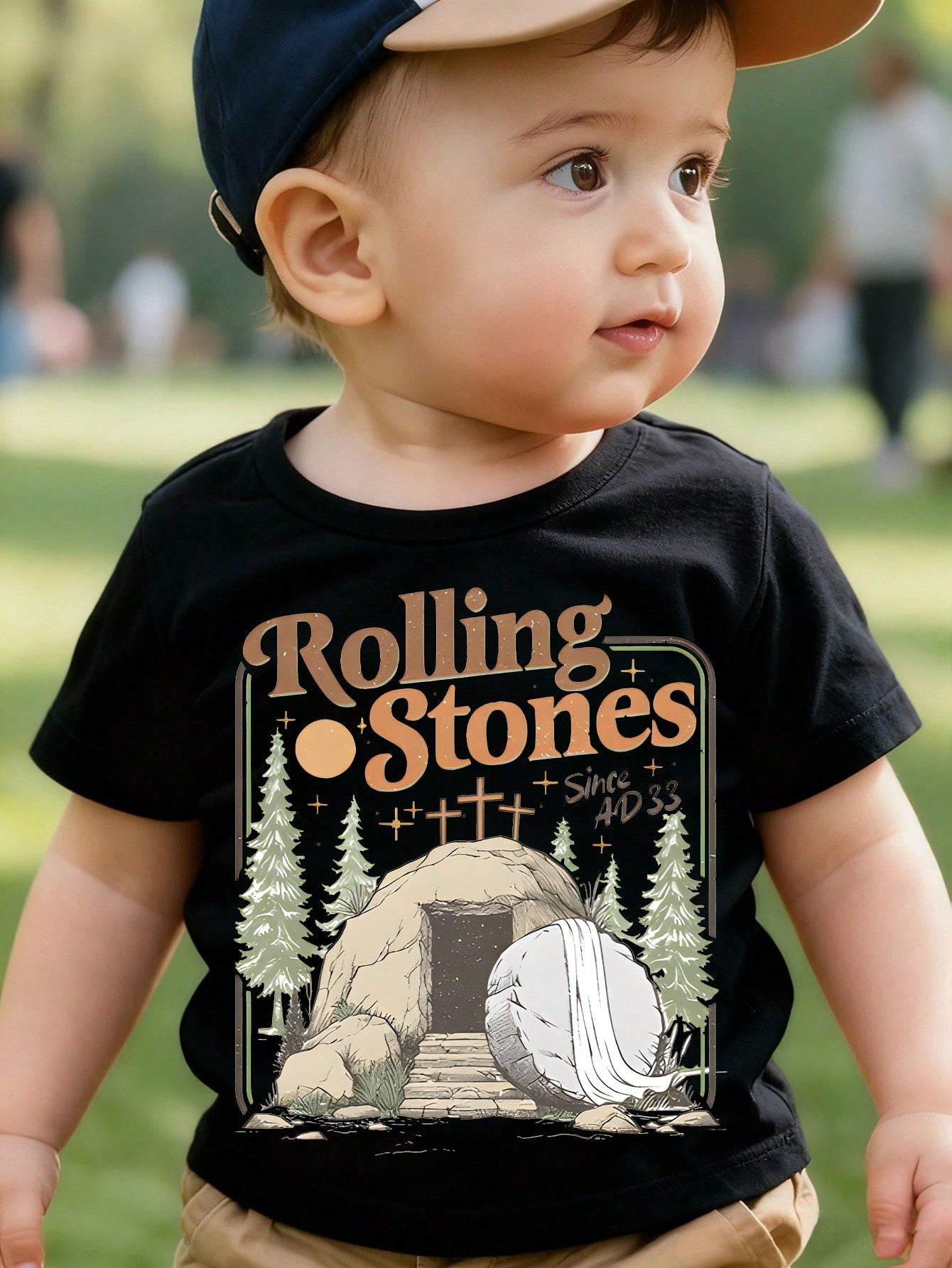 Baby Boys RollingStones Since AD33 Empty Tomb Pine Tree Cross Retro Christian Easter Graphic Soft Black Short Sleeve Toddler T-Shirt
