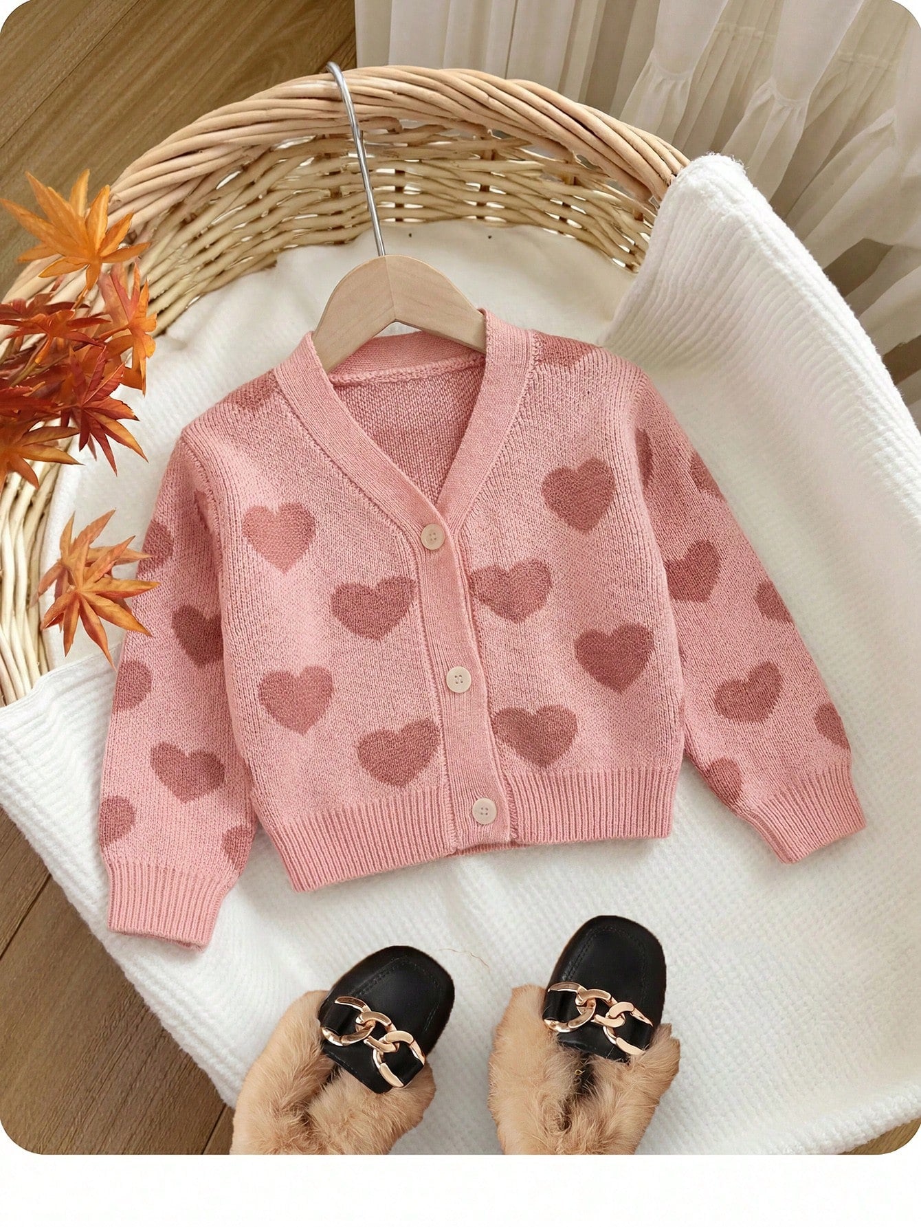 Baby Girl Girls Cute Lightweight Autumn Winter Sweater Cardigan Featuring An Allover Heart Pattern And Ribbed Trim