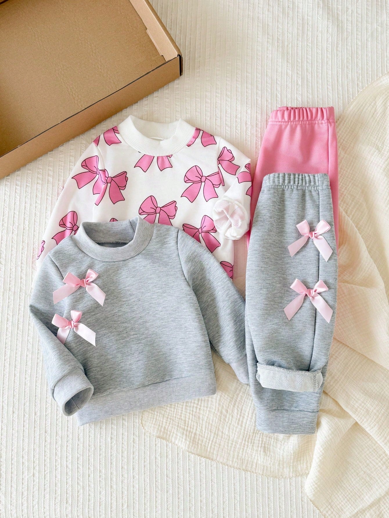 Baby Girl Minimalist Letter Pattern Knitted Soft Mid-High Neck Long Sleeve Pullover Casual Sweatshirt Elastic Waist Sweatpants 2-Piece Set