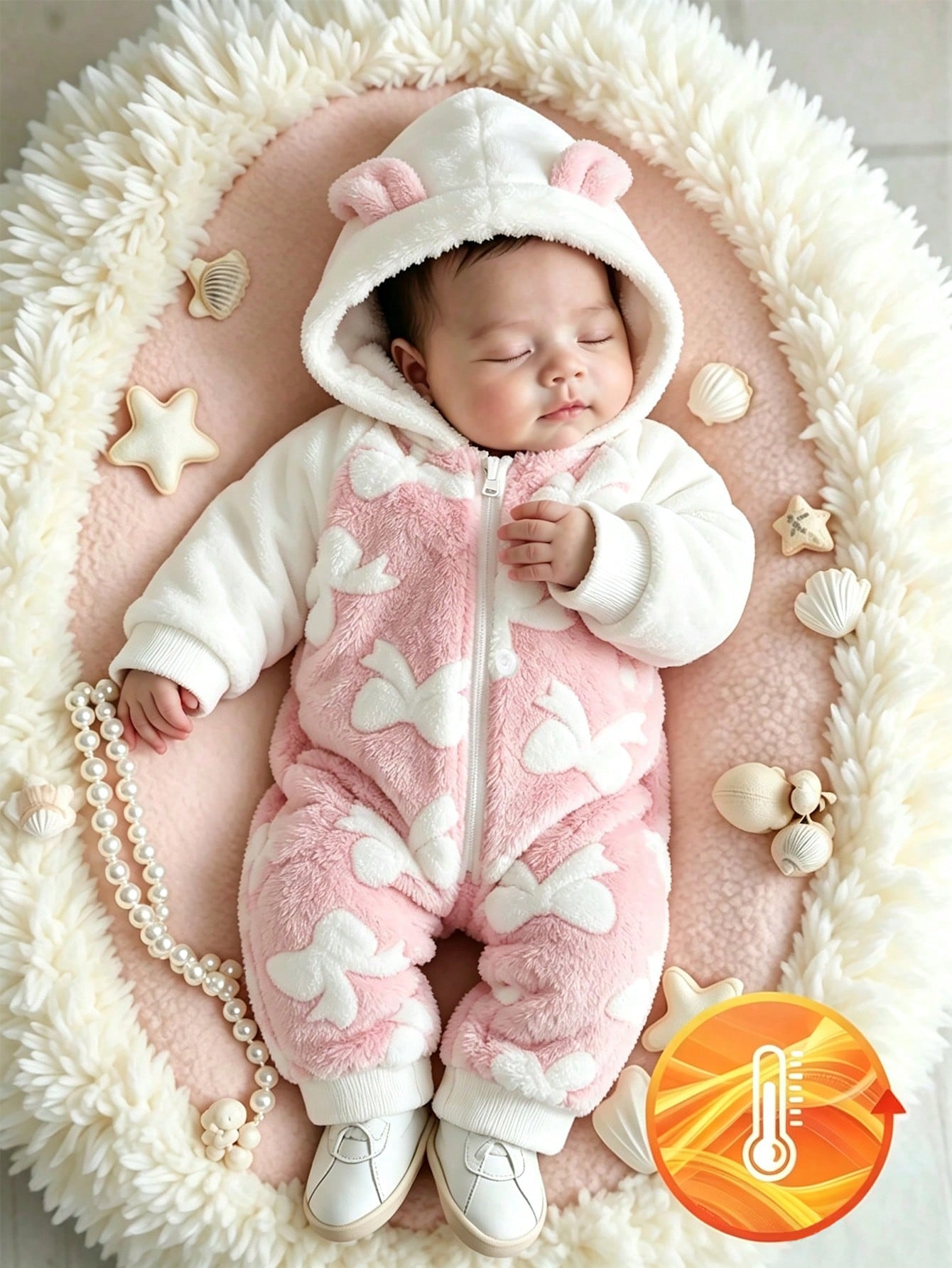 Baby Girl Winter Sweet Cute Pink & White Colorblock Medium-Thick Double-Sided Flannel Loose Fit 3D Ear Hooded Shoulder Zip Jumpsuit, 3D Bow Embossed Pattern, Suitable For-Based Relaxation, Todd