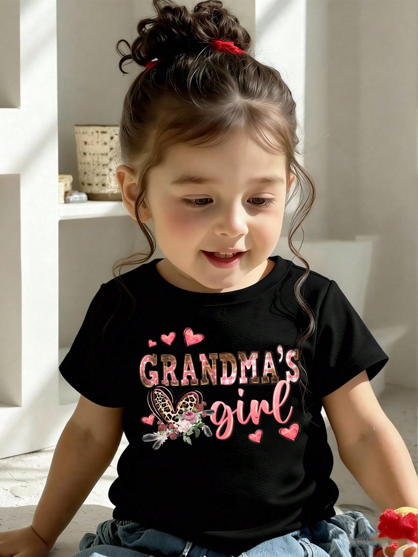 Baby Girls' Cute Summer Casual Black Short T-Shirt,Pink And Black Leopard Heart Floral Letter Graphic Print,Family Matching Cozy Comfortable Top