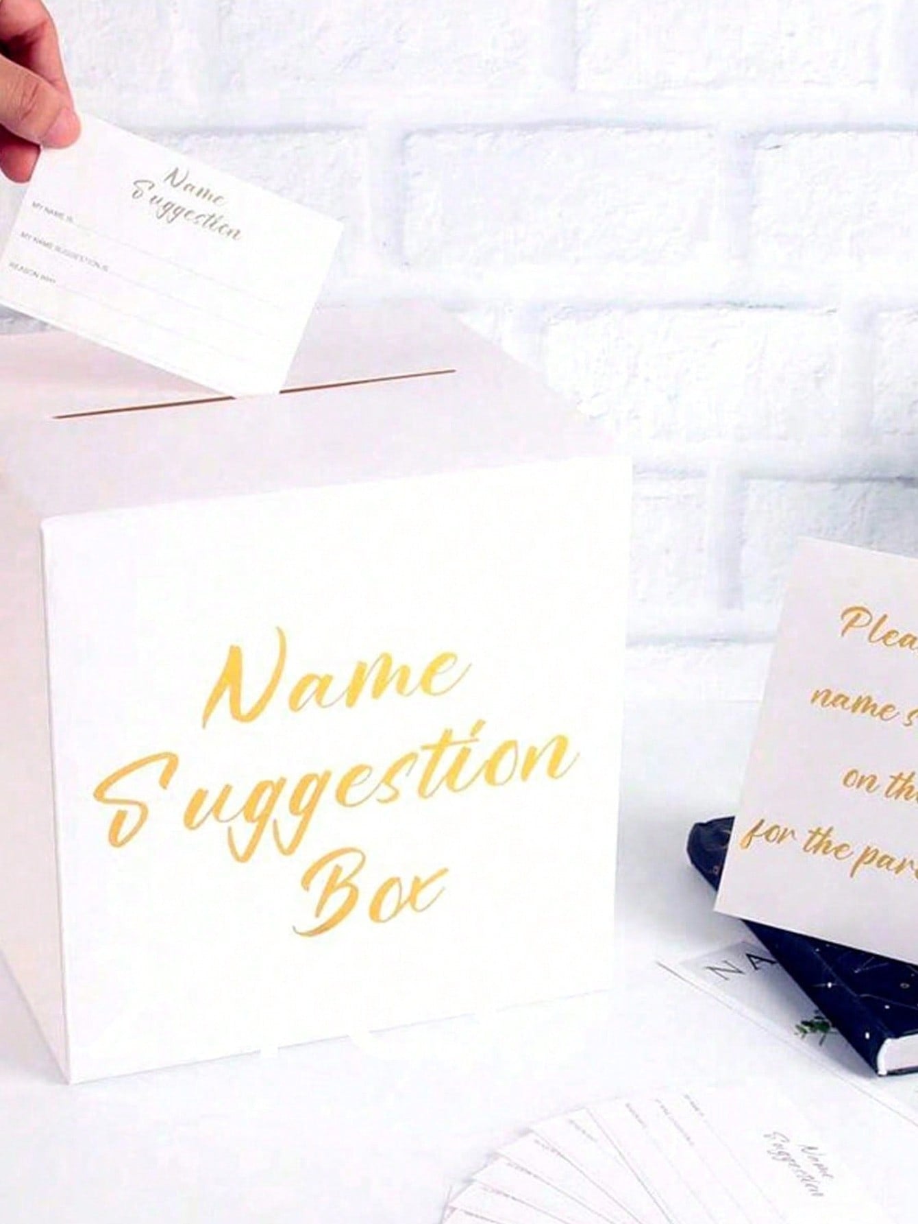 Baby Name Voting Box, Includes 30 Cards, White Foil Paper Cardboard Newborn Name Suggestion Collection Box, Gender Reveal Party Decoration, Baby Shower Guest Interaction Prop, Suitable For Wedding, Bi