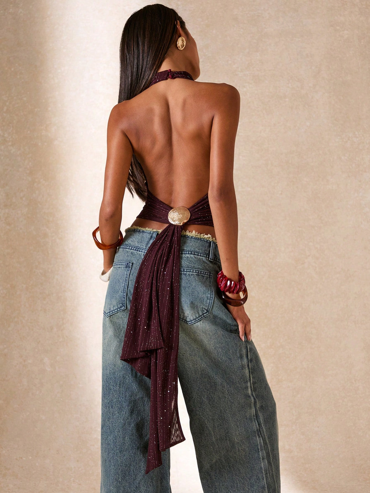 BAE Women's Burgundy,Summer,70's,Club Night,Party Disco Backless Halter Top,Plum & Reddish Brown Turtleneck Metal Button Open Back Tie Back Tank Top