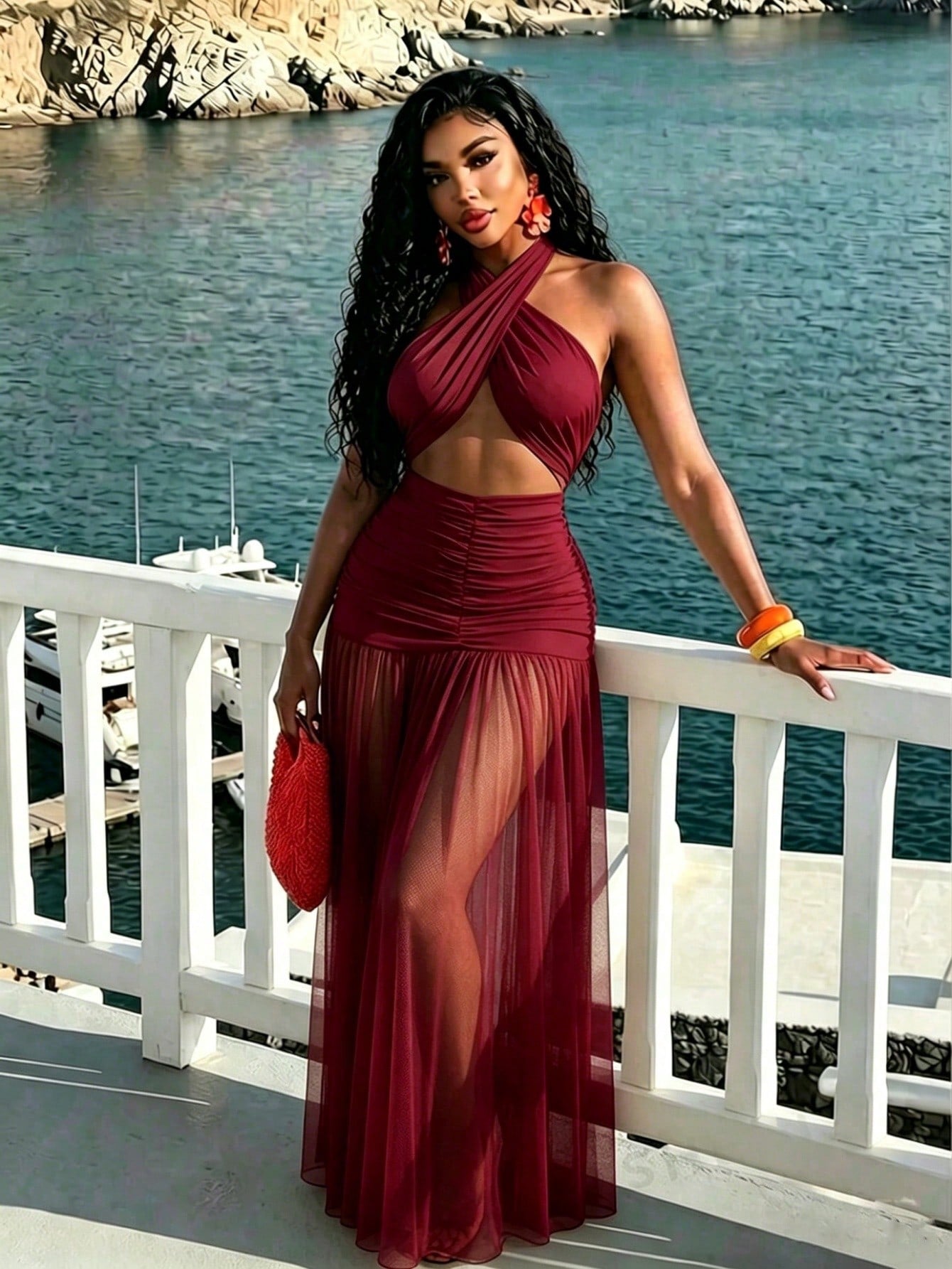 BamGleam Women's Ultra Long Floor-Length Halter Neck Mesh Ruched Backless Dress