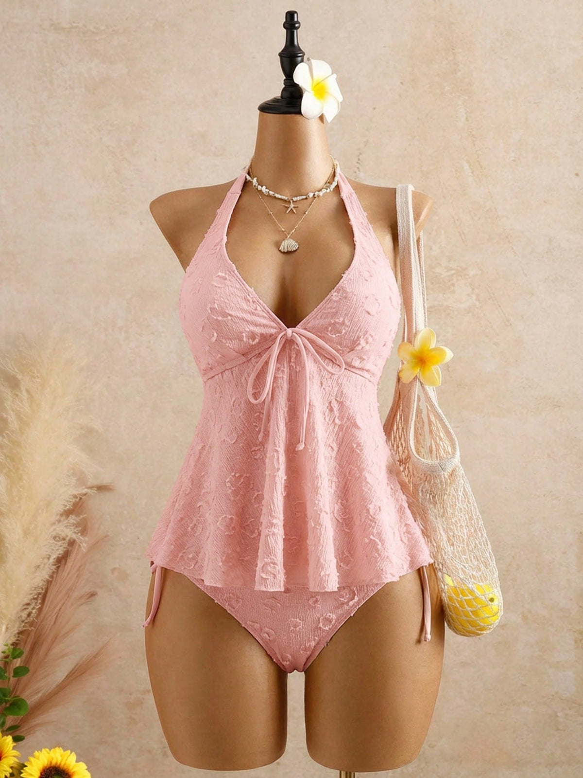 Bellisia Women's Pink Relaxed Polka Dot Textured Camisole Bikini Top Bathing Suits,Summer Casual Holiday Vacation Halter Seashell Lace Vintage Swimwear