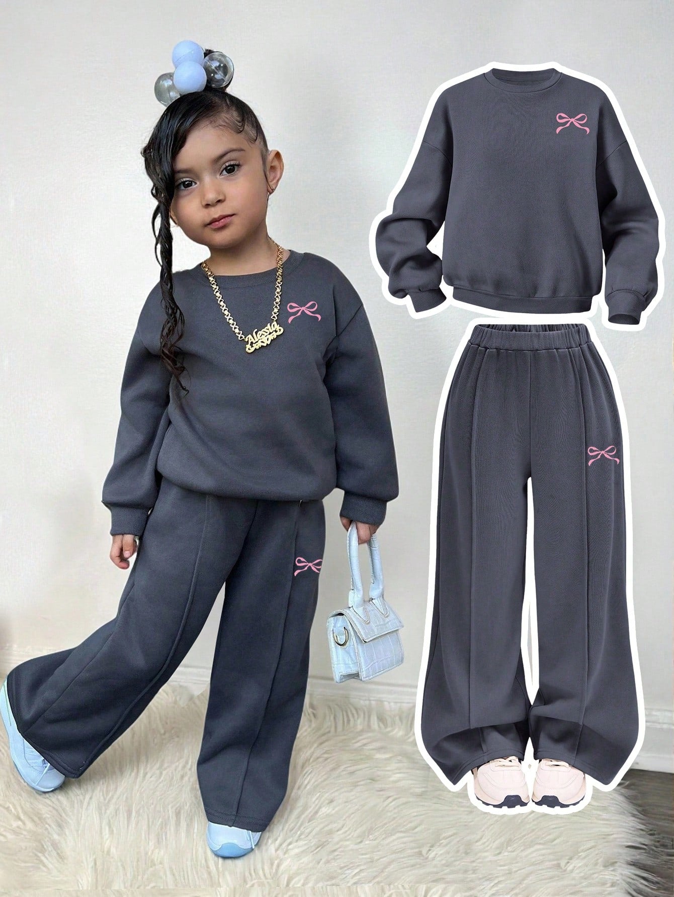 Bubblio Baby Girls Casual Heart Print Knit Solid Color Loose Drop Shoulder Long Sleeve Autumn Sweatshirt And Wide Leg Sweatpants Set Girl Clothes Y2k