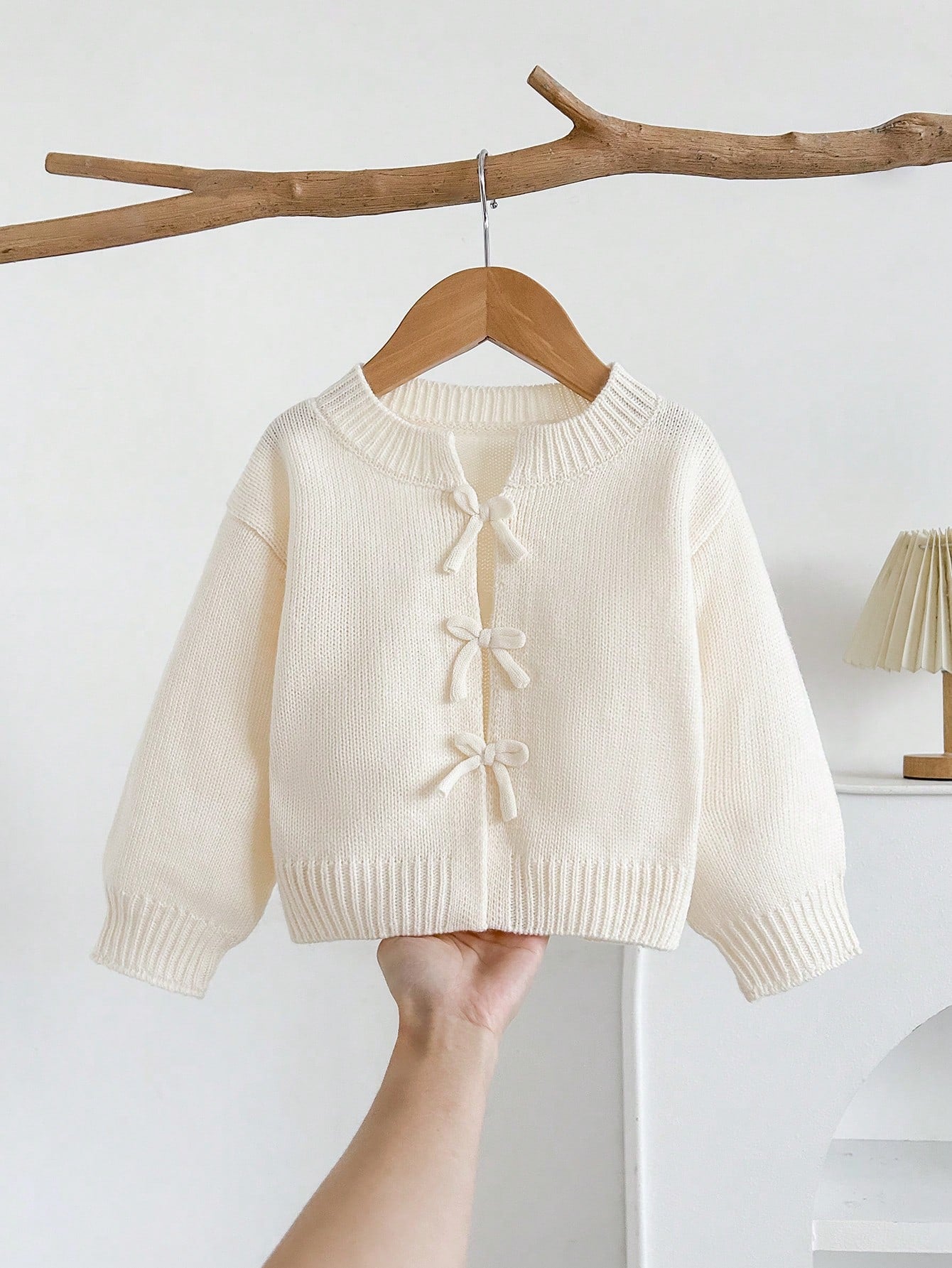 Cozy Pixies Baby Girl Knitted Autumn Cardigan, Bow Decor, Cute Casual, Soft Comfortable Versatile, Suitable For Home, Party, Vacation Occasions, Apricot Color